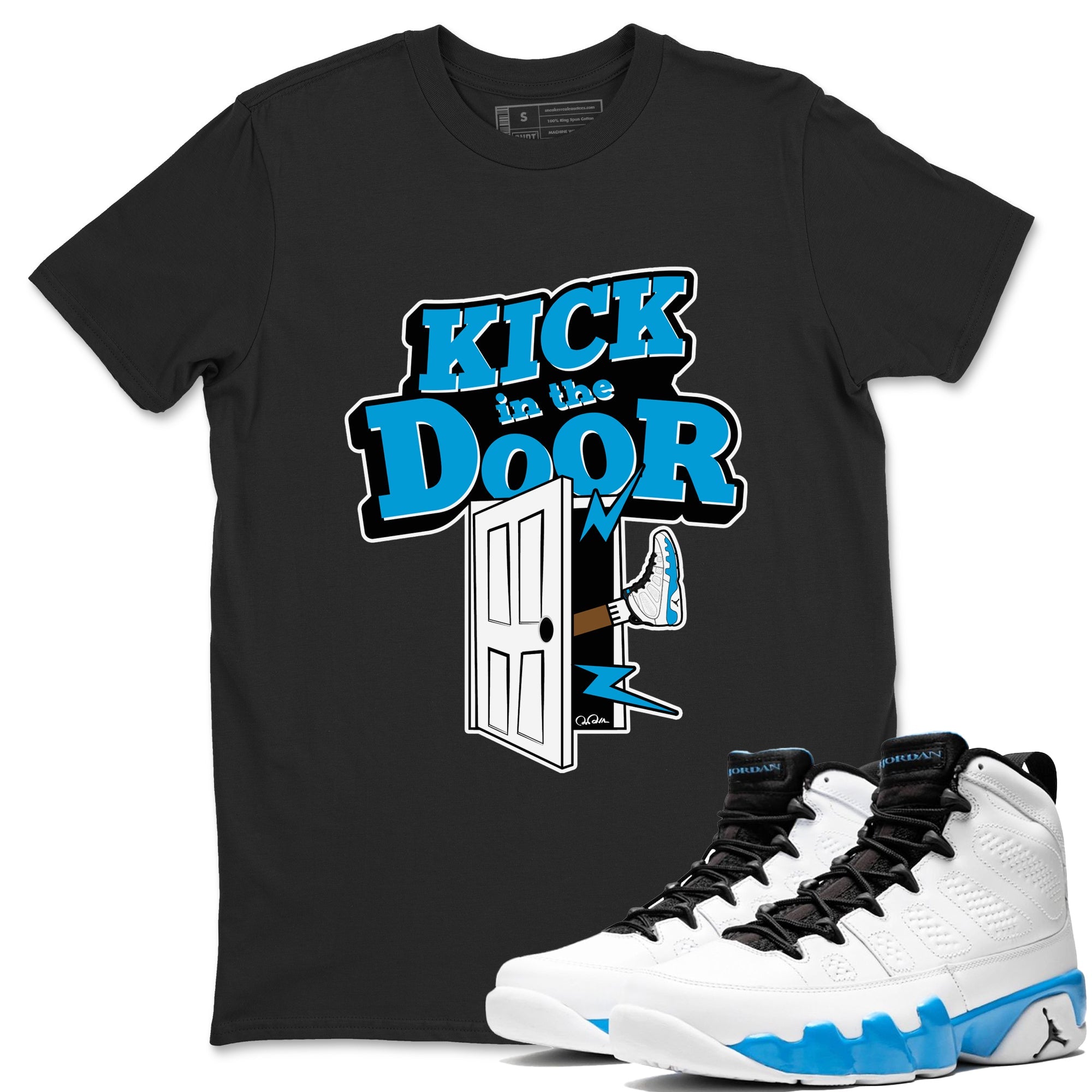 9s Powder Blue shirt to match jordans Kick In The Door sneaker tees Air Jordan 9 Powder Blue Drip Gear Zone unisex cotton Black 1 crew neck shirt