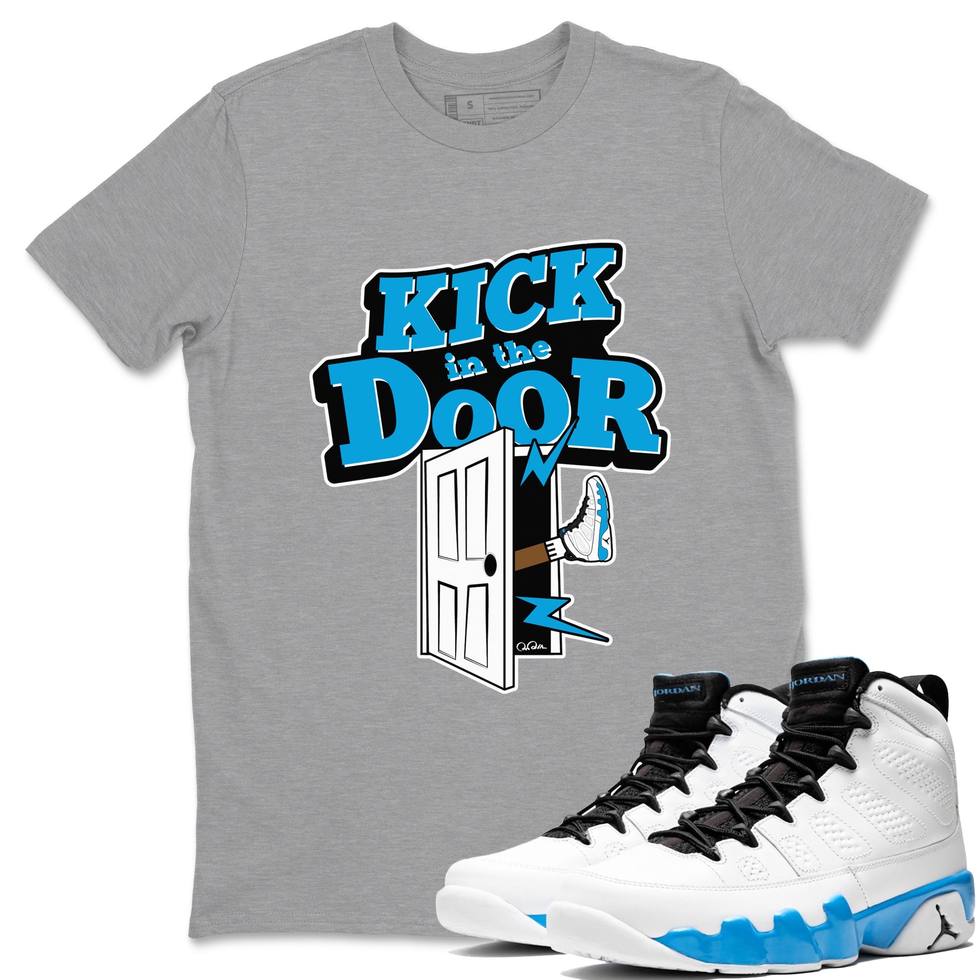 9s Powder Blue shirt to match jordans Kick In The Door sneaker tees Air Jordan 9 Powder Blue Drip Gear Zone unisex cotton Heather Grey 2 crew neck shirt