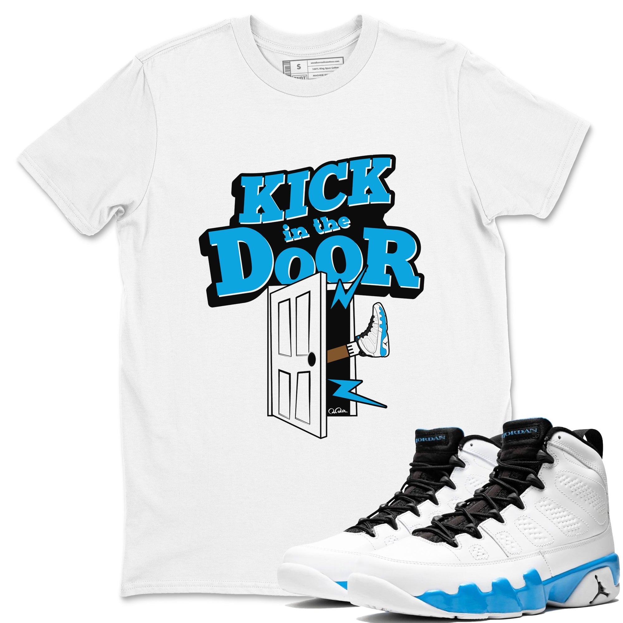 9s Powder Blue shirt to match jordans Kick In The Door sneaker tees Air Jordan 9 Powder Blue Drip Gear Zone unisex cotton White 1 crew neck shirt