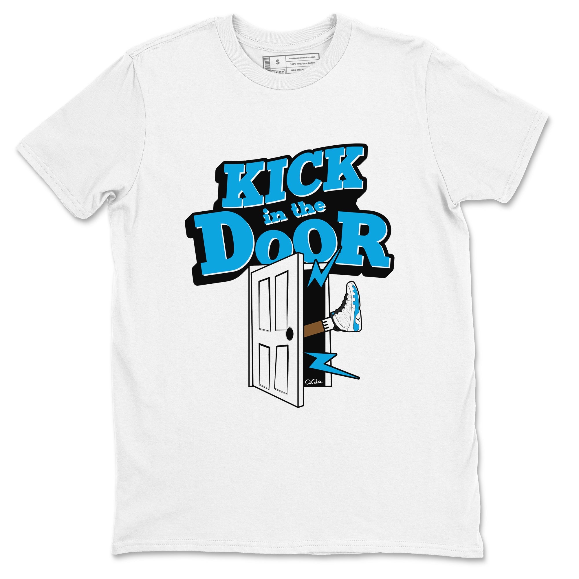 9s Powder Blue shirt to match jordans Kick In The Door sneaker tees Air Jordan 9 Powder Blue Drip Gear Zone unisex cotton White 2 crew neck shirt