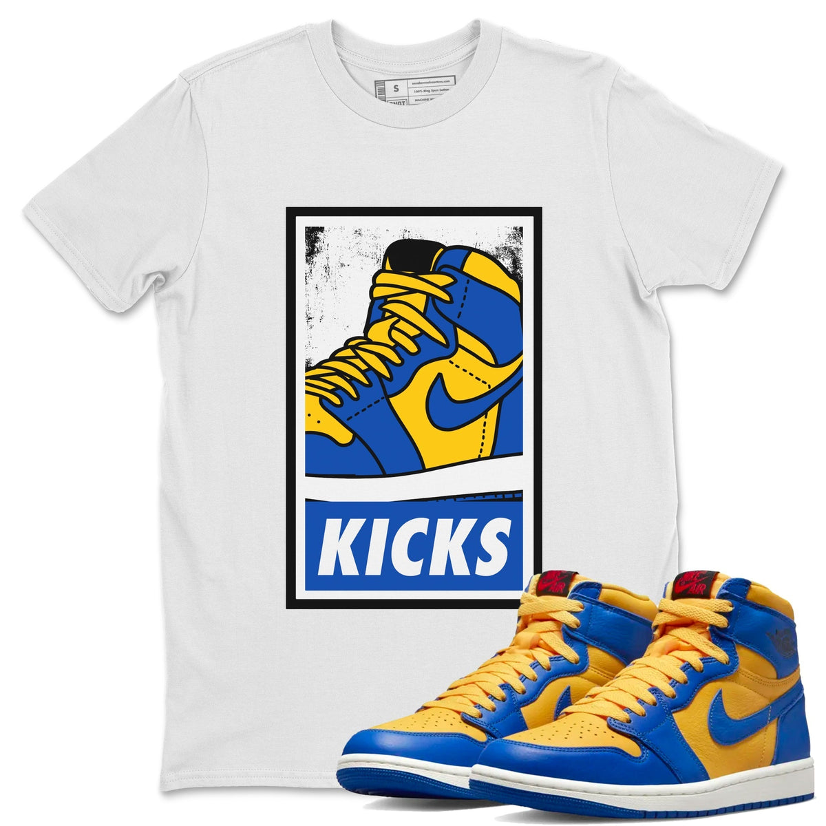 Jordan 1 Game Royal Varsity Maize Sneaker Matching T-Shirt KICKS Sneaker Tees Jordan 1 Game Royal Varsity Maize Sneaker Release Tees Crew Neck Tees