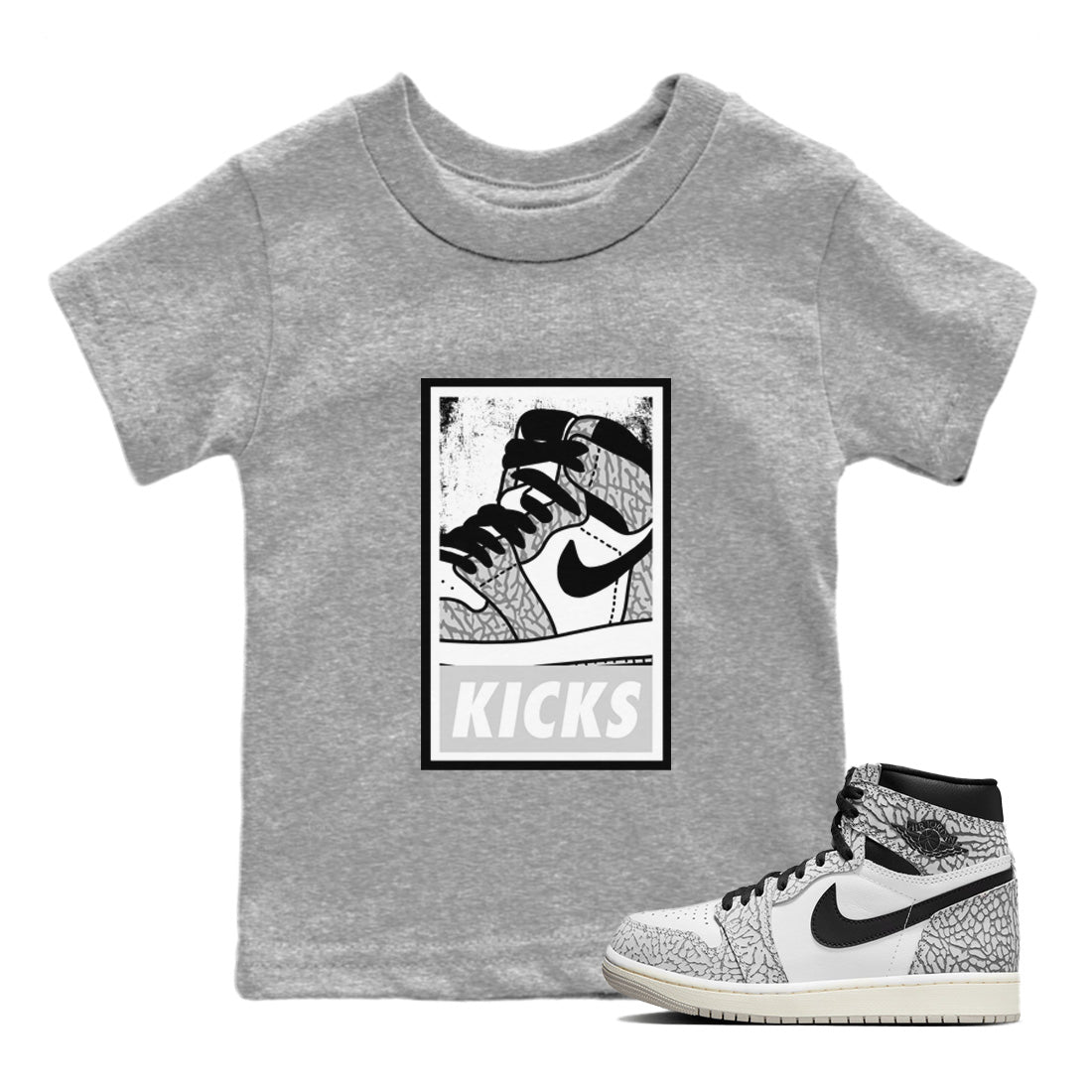 Jordan 1 White Cement Sneaker Matching T-Shirt KICKS Sneaker Tees Jordan 1 White Cement Sneaker Release Tees Kids Shirts