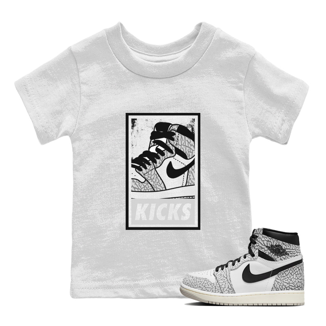 Jordan 1 White Cement Sneaker Matching T-Shirt KICKS Sneaker Tees Jordan 1 White Cement Sneaker Release Tees Kids Shirts