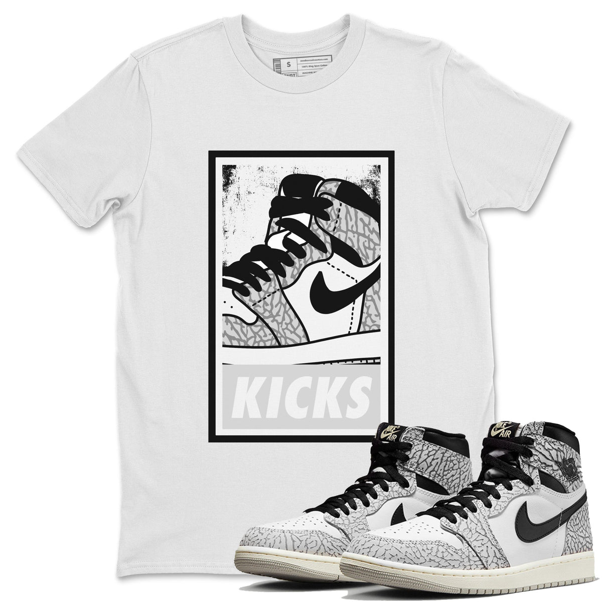 Jordan 1 White Cement Sneaker Matching T-Shirt KICKS Sneaker Tees Jordan 1 White Cement Sneaker Release Tees Crew Neck Tees
