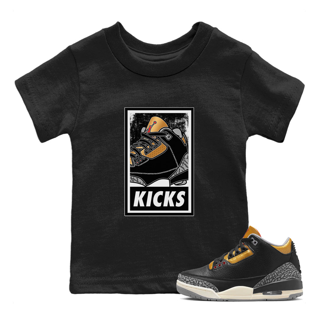 Jordan 3 Black Gold Sneaker Matching T-Shirt KICKS Sneaker Tees Jordan 3 Black Gold Sneaker Release Tees Kids Shirts