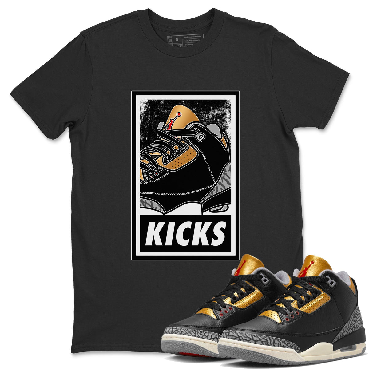 Jordan 3 Black Gold Sneaker Matching T-Shirt KICKS Sneaker Tees Jordan 3 Black Gold Sneaker Release Tees Crew Neck Tees