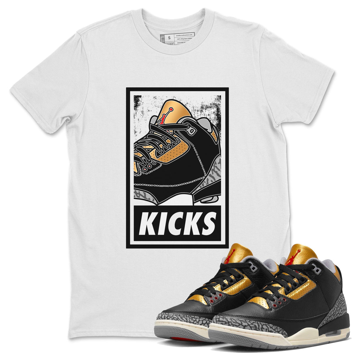 Jordan 3 Black Gold Sneaker Matching T-Shirt KICKS Sneaker Tees Jordan 3 Black Gold Sneaker Release Tees Crew Neck Tees