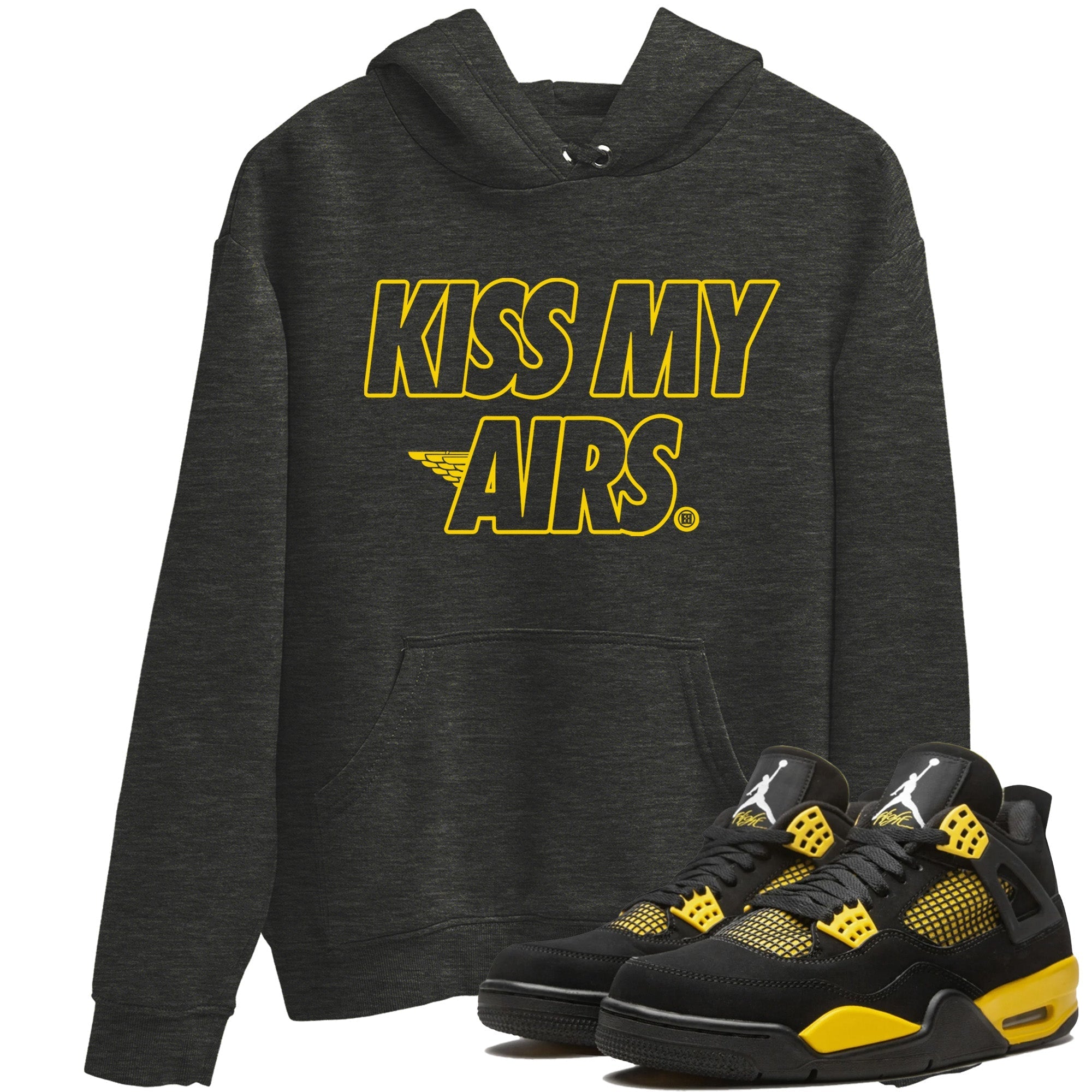 Air Jordan 4 Thunder Sneaker Match Tees Kiss My Airs Streetwear Sneaker Shirt Air Jordan 4 Retro Thunder Sneaker Release Tees Unisex Shirts Charcoal Heather 1