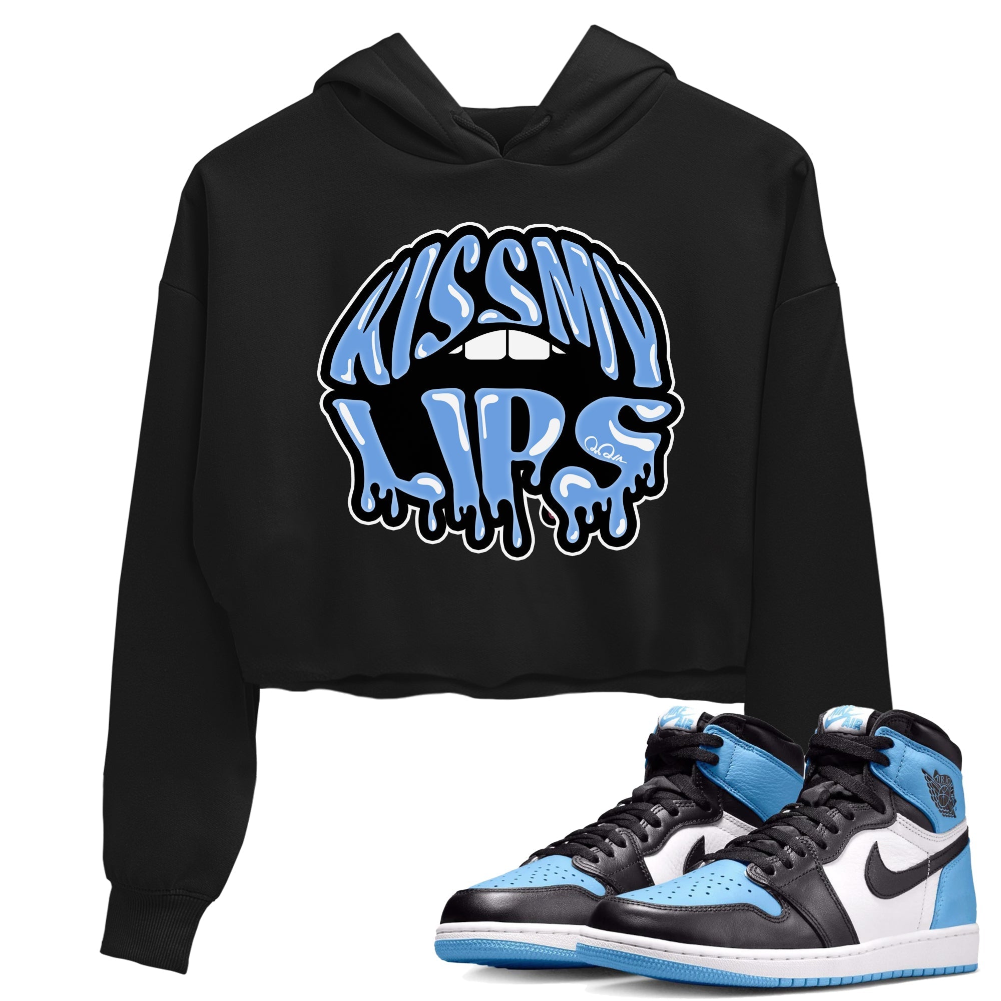 Air Jordan 1 University Blue Sneaker Match Tees Kiss My Lips Sneaker Tees AJ1 High OG University Blue Sneaker Release Tees Women's Shirts Black 1