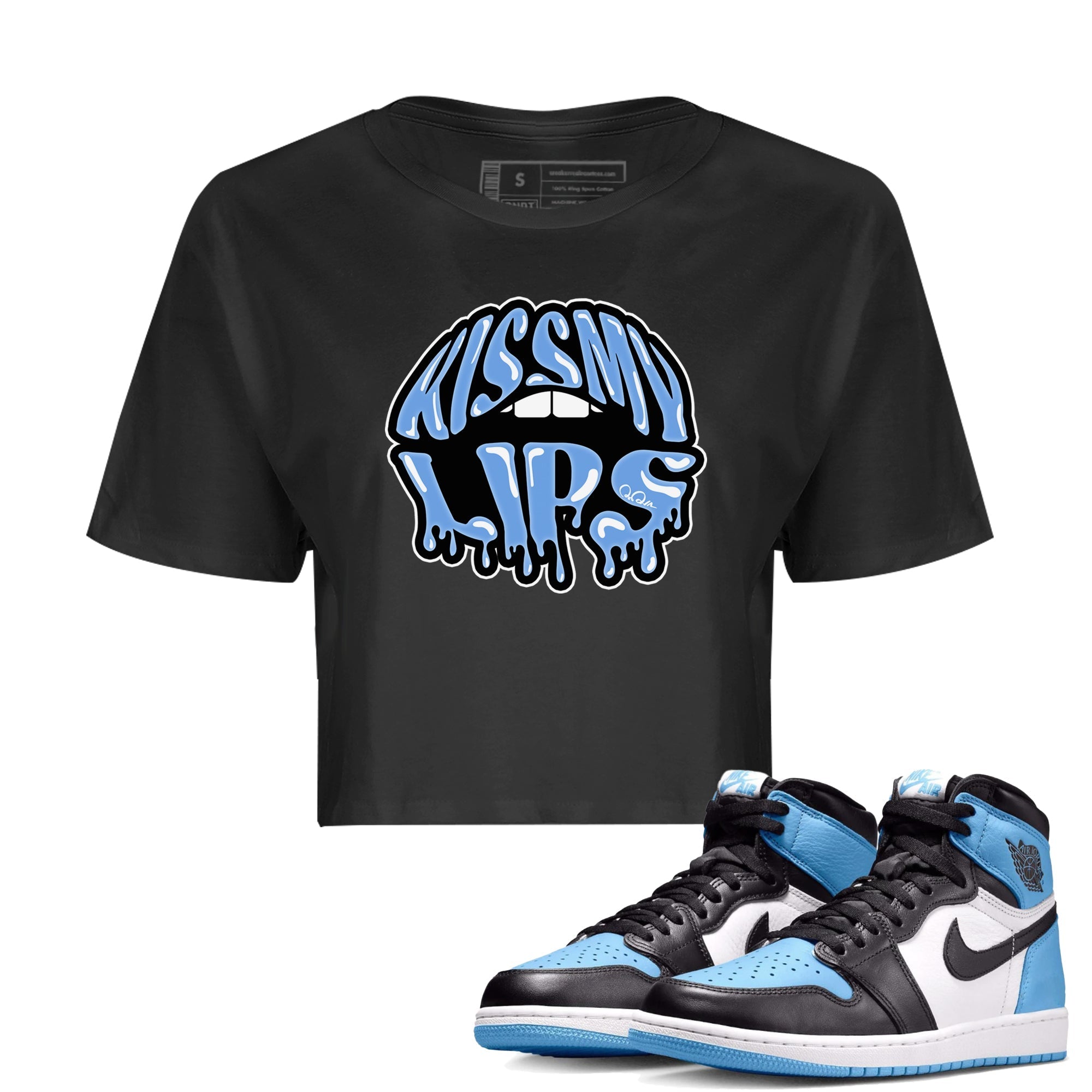 Air Jordan 1 University Blue Sneaker Match Tees Kiss My Lips Sneaker Tees AJ1 High OG University Blue Sneaker Release Tees Women's Shirts Black 1