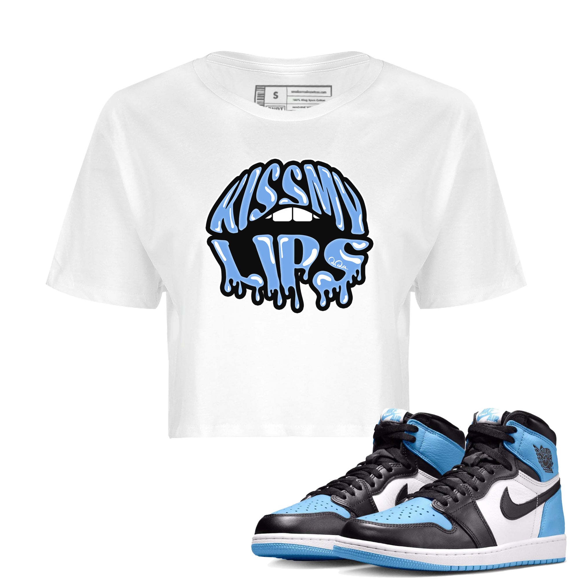 Air Jordan 1 University Blue Sneaker Match Tees Kiss My Lips Sneaker Tees AJ1 High OG University Blue Sneaker Release Tees Women's Shirts White 1