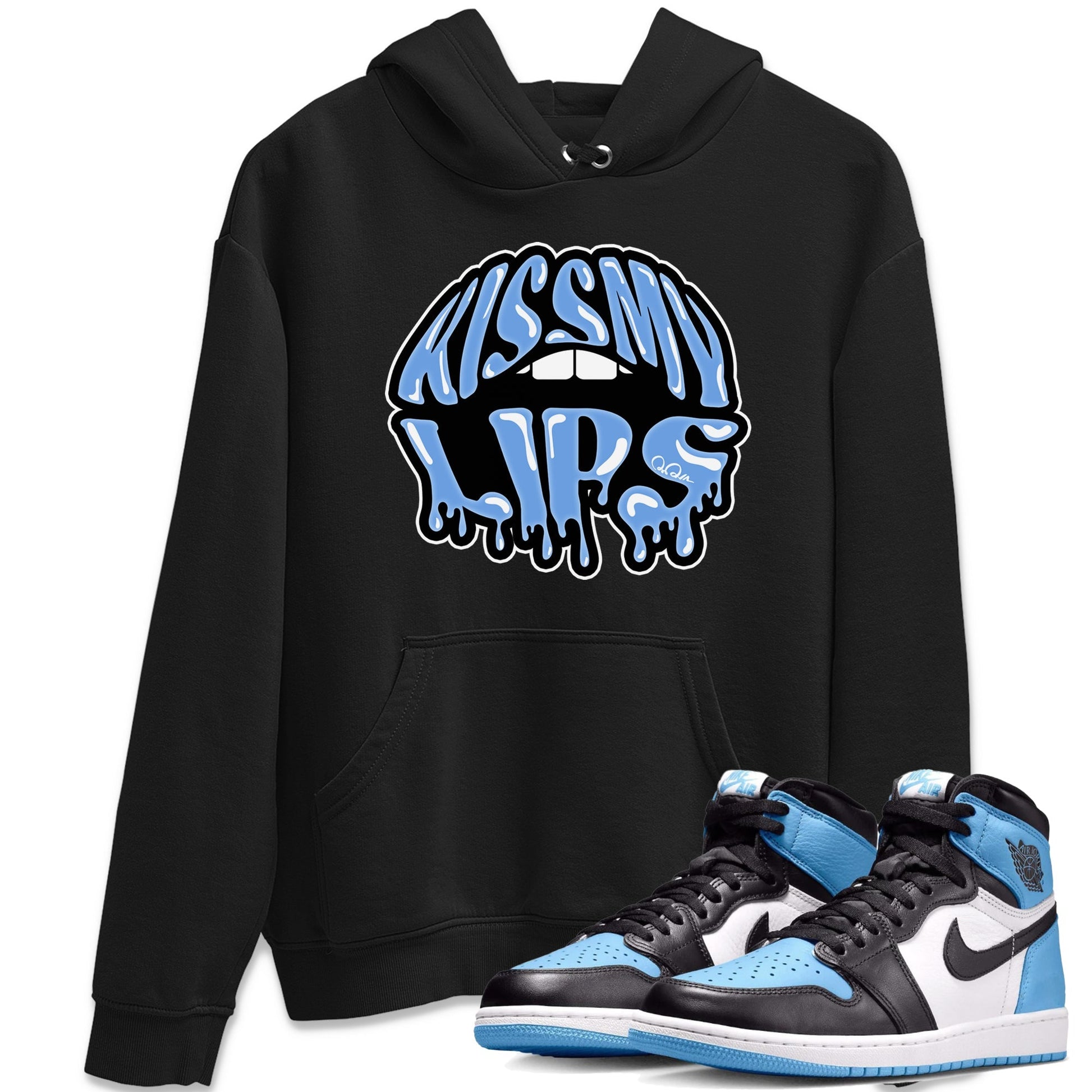 Air Jordan 1 University Blue Sneaker Match Tees Kiss My Lips Sneaker Tees AJ1 High OG University Blue Sneaker Release Tees Unisex Shirts Black 1