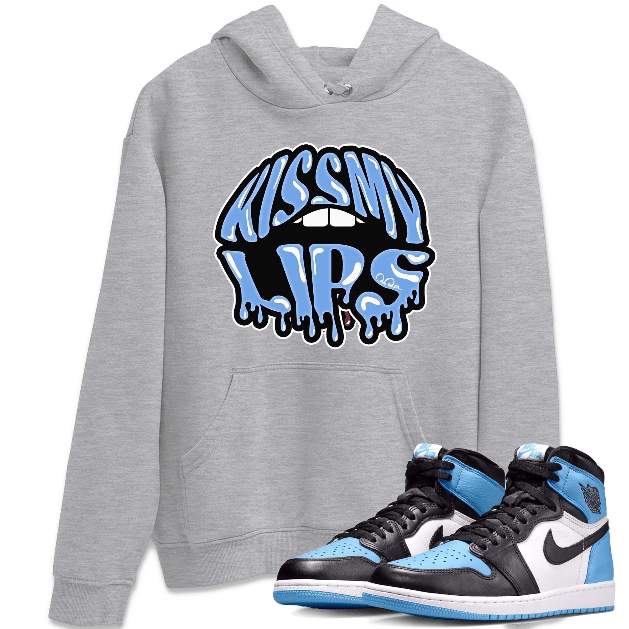 Air Jordan 1 University Blue Sneaker Match Tees Kiss My Lips Sneaker Tees AJ1 High OG University Blue Sneaker Release Tees Unisex Shirts Heather Grey 1