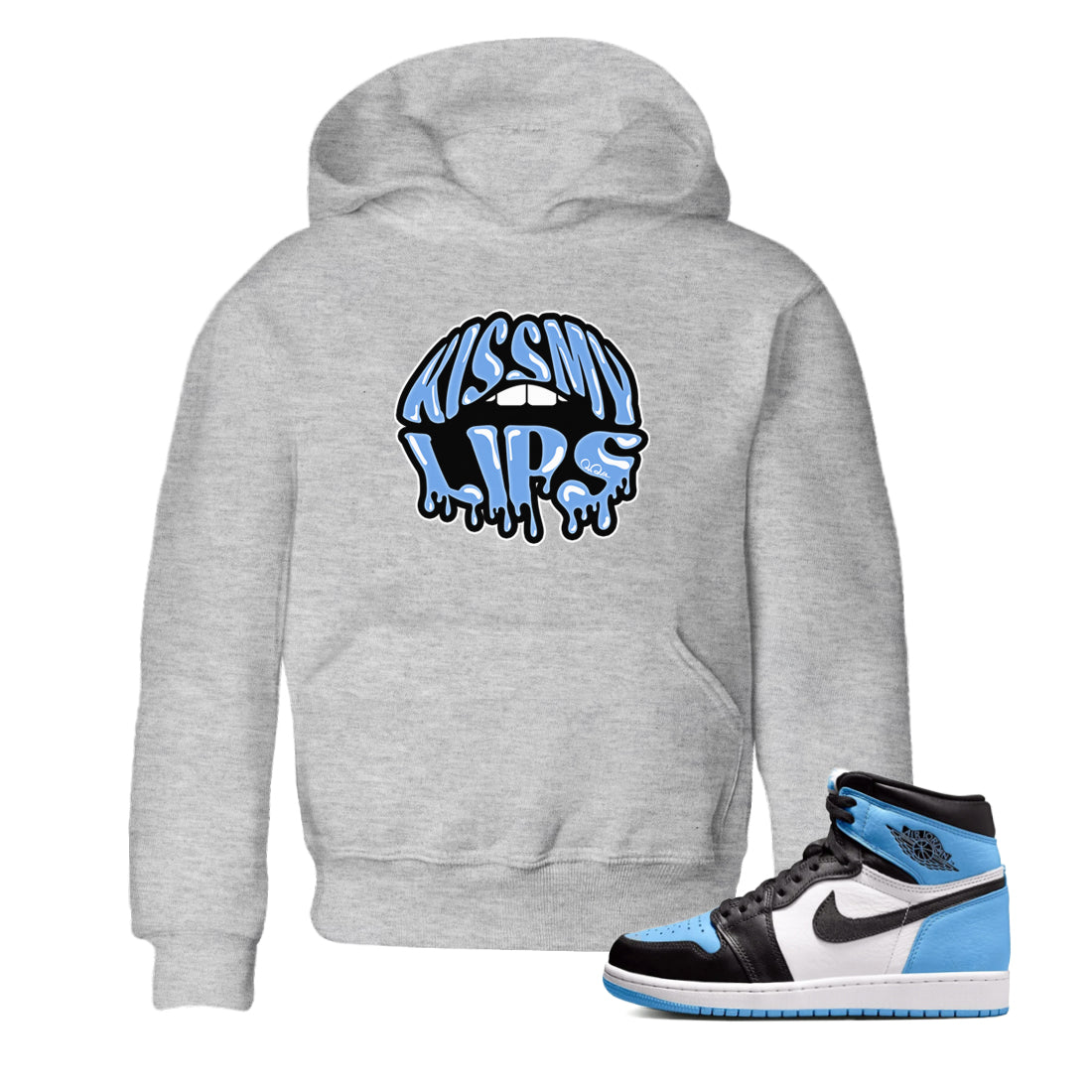 Air Jordan 1 University Blue Sneaker Match Tees Kiss My Lips Sneaker Tees AJ1 High OG University Blue Sneaker Release Tees Kids Shirts Heather Grey 1