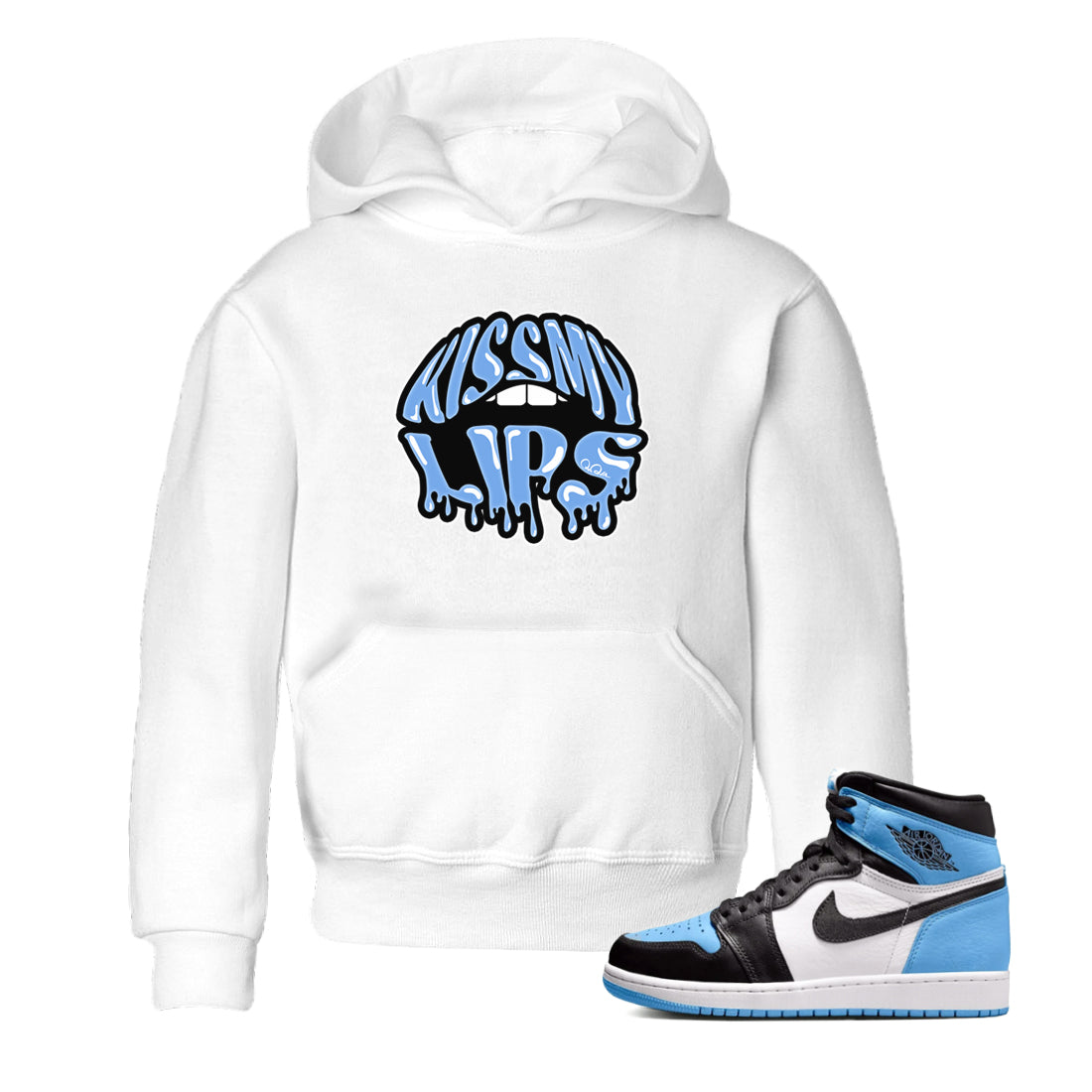 Air Jordan 1 University Blue Sneaker Match Tees Kiss My Lips Sneaker Tees AJ1 High OG University Blue Sneaker Release Tees Kids Shirts White 1