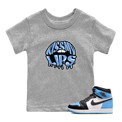 Air Jordan 1 University Blue Sneaker Match Tees Kiss My Lips Sneaker Tees AJ1 High OG University Blue Sneaker Release Tees Kids Shirts Heather Grey 1