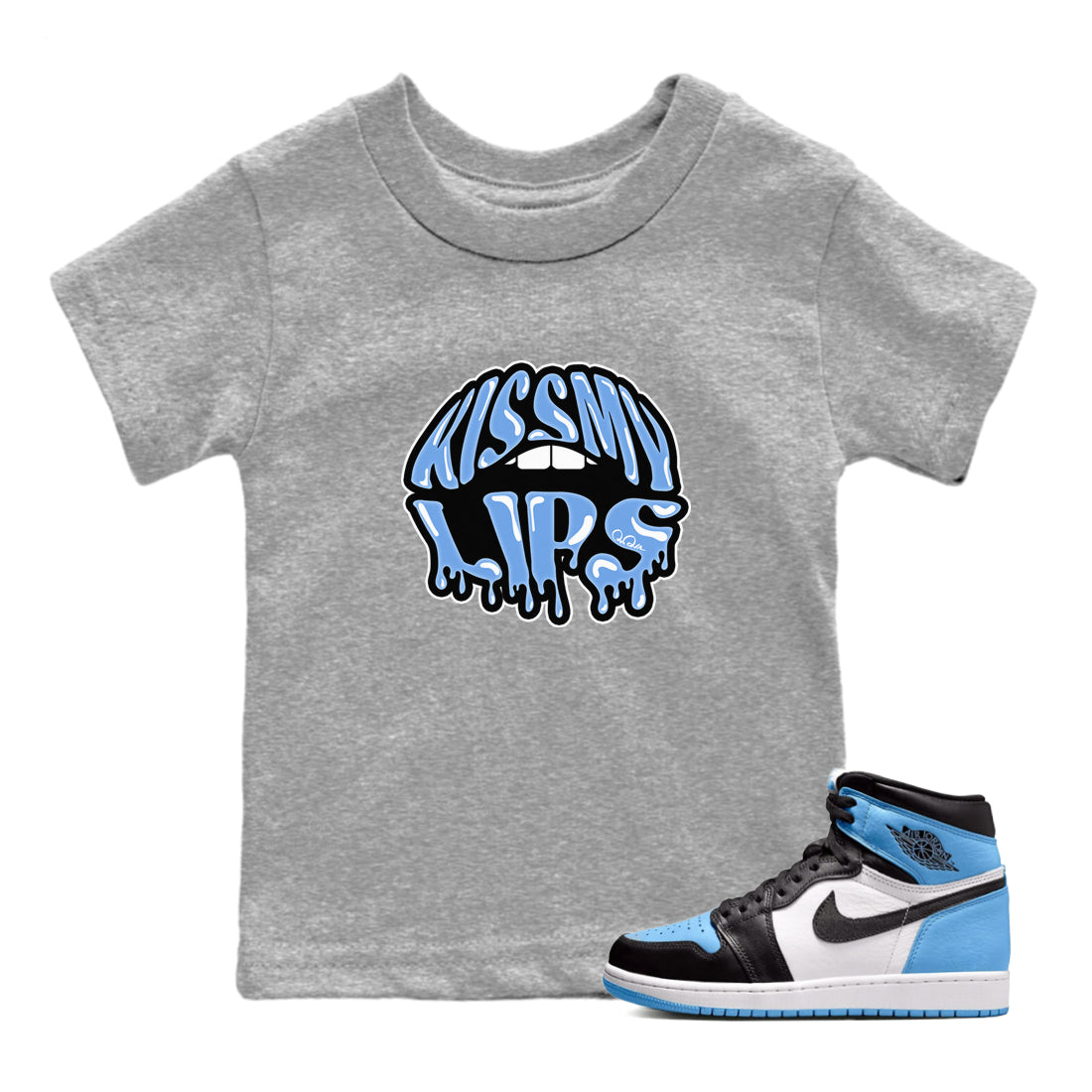 Air Jordan 1 University Blue Sneaker Match Tees Kiss My Lips Sneaker Tees AJ1 High OG University Blue Sneaker Release Tees Kids Shirts Heather Grey 1