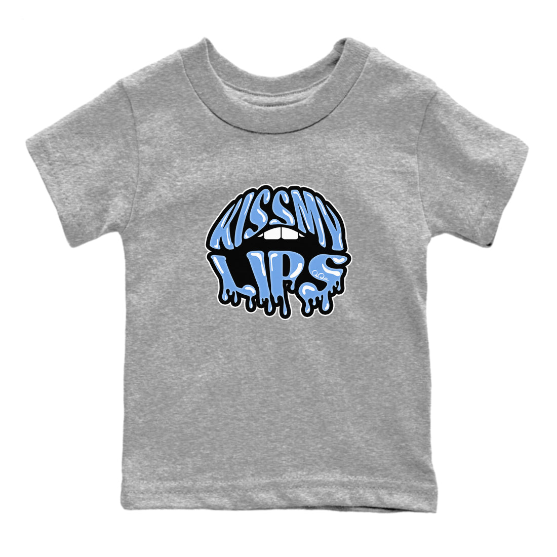 Air Jordan 1 University Blue Sneaker Match Tees Kiss My Lips Sneaker Tees AJ1 High OG University Blue Sneaker Release Tees Kids Shirts Heather Grey 2