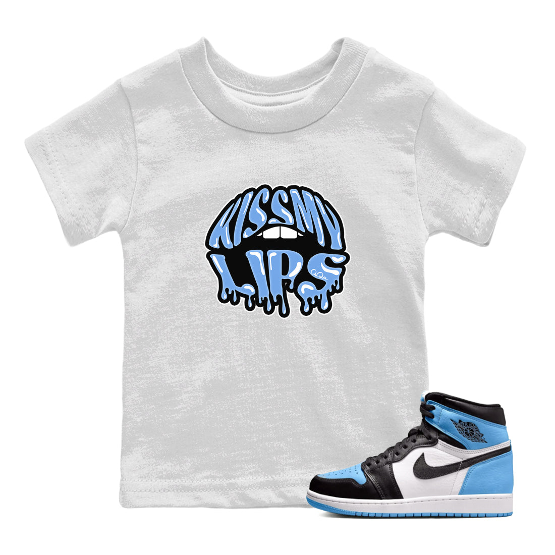 Air Jordan 1 University Blue Sneaker Match Tees Kiss My Lips Sneaker Tees AJ1 High OG University Blue Sneaker Release Tees Kids Shirts White 1