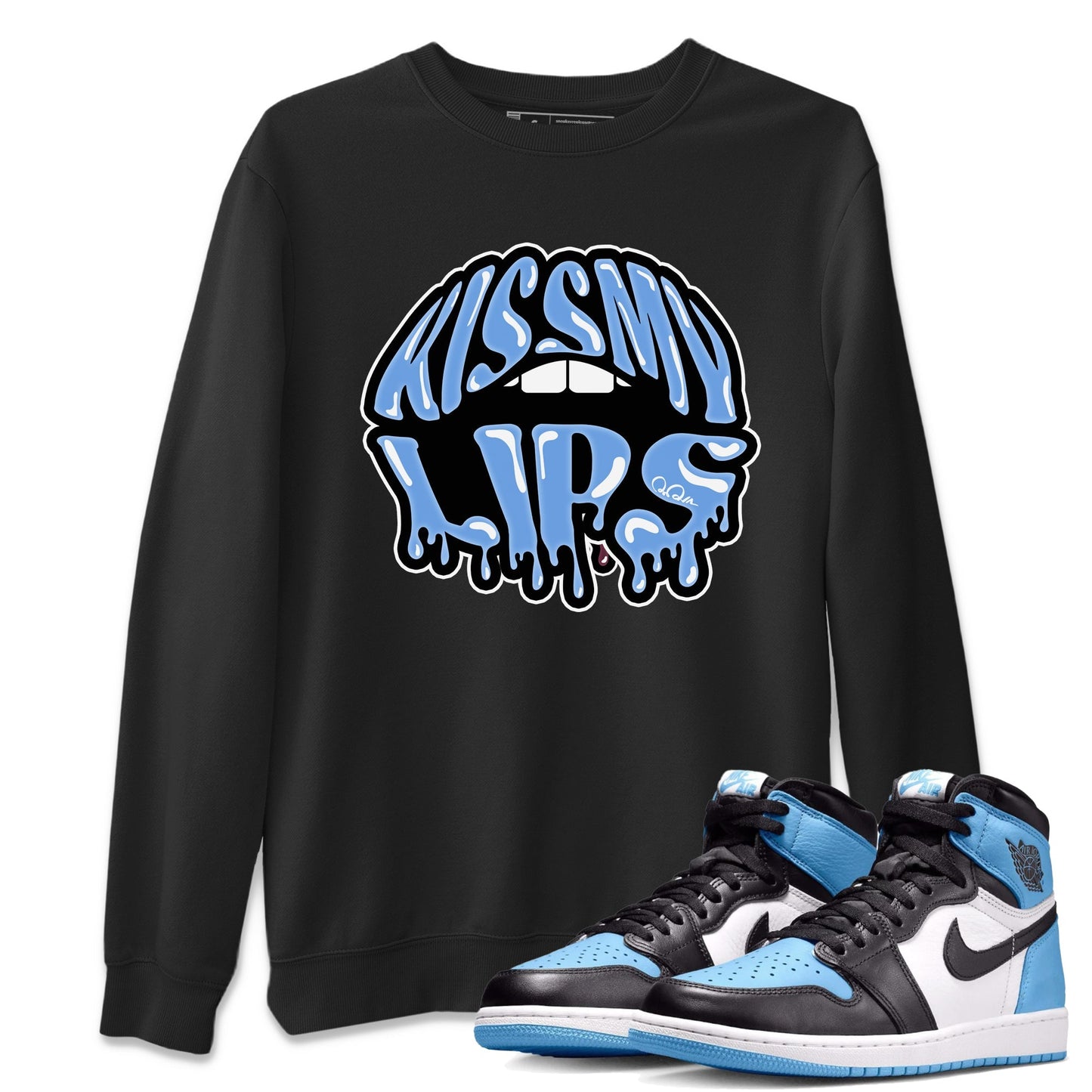 Air Jordan 1 University Blue Sneaker Match Tees Kiss My Lips Sneaker Tees AJ1 High OG University Blue Sneaker Release Tees Unisex Shirts Black 1