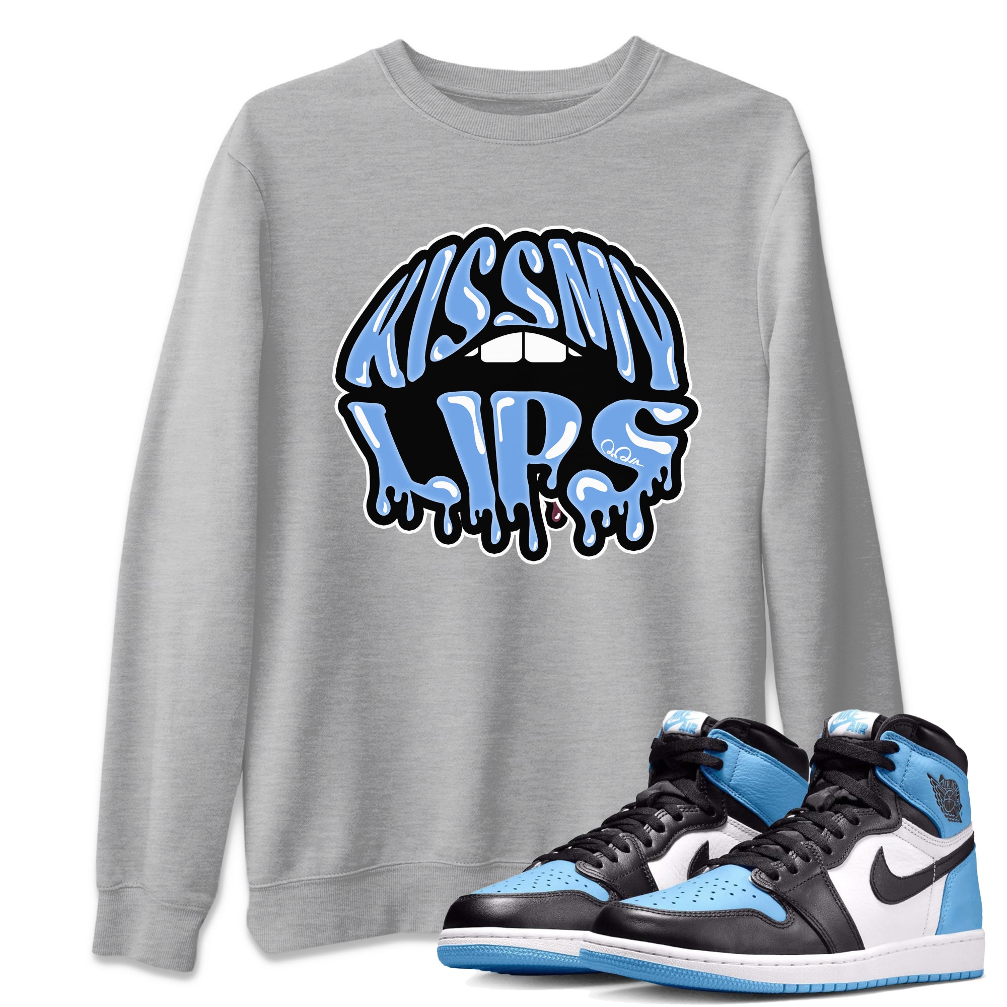 Air Jordan 1 University Blue Sneaker Match Tees Kiss My Lips Sneaker Tees AJ1 High OG University Blue Sneaker Release Tees Unisex Shirts Heather Grey 1