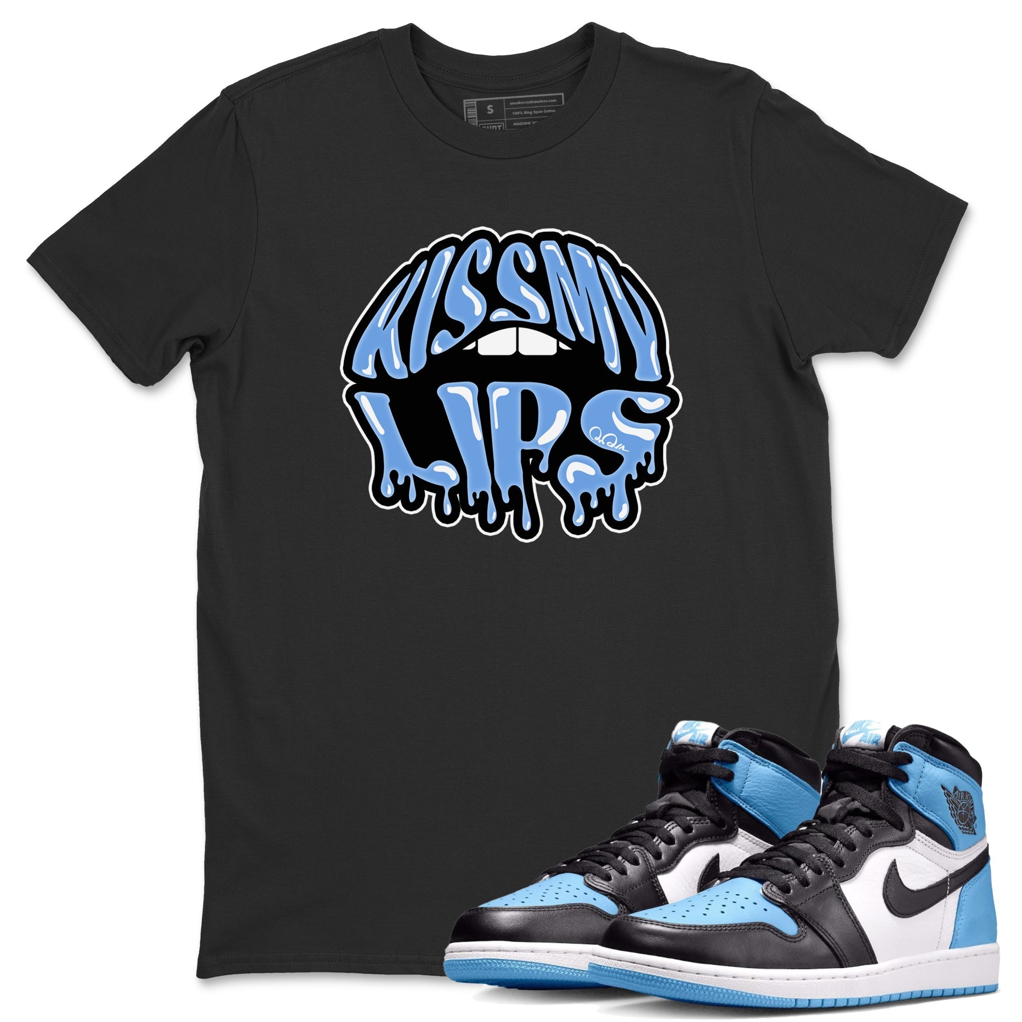 Air Jordan 1 University Blue Sneaker Match Tees Kiss My Lips Sneaker Tees AJ1 High OG University Blue Sneaker Release Tees Unisex Shirts Black 1