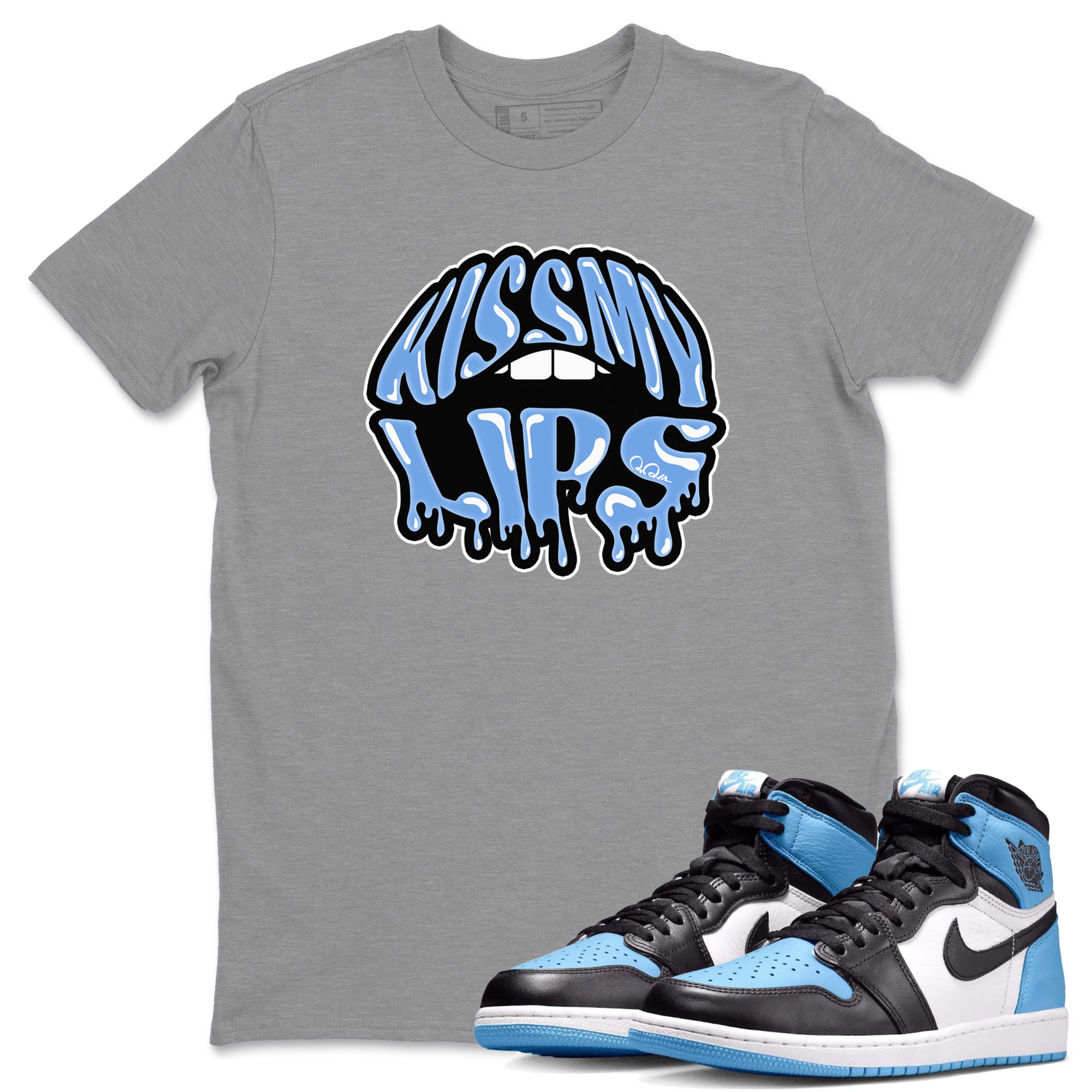 Air Jordan 1 University Blue Sneaker Match Tees Kiss My Lips Sneaker Tees AJ1 High OG University Blue Sneaker Release Tees Unisex Shirts Heather Grey 1