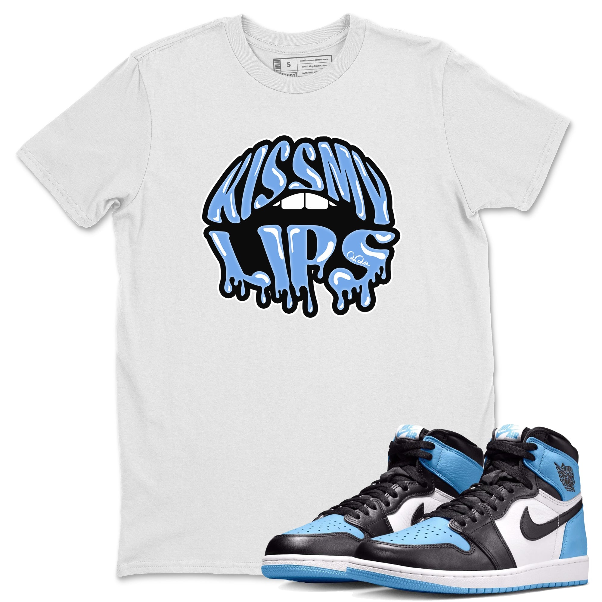 Air Jordan 1 University Blue Sneaker Match Tees Kiss My Lips Sneaker Tees AJ1 High OG University Blue Sneaker Release Tees Unisex Shirts White 1