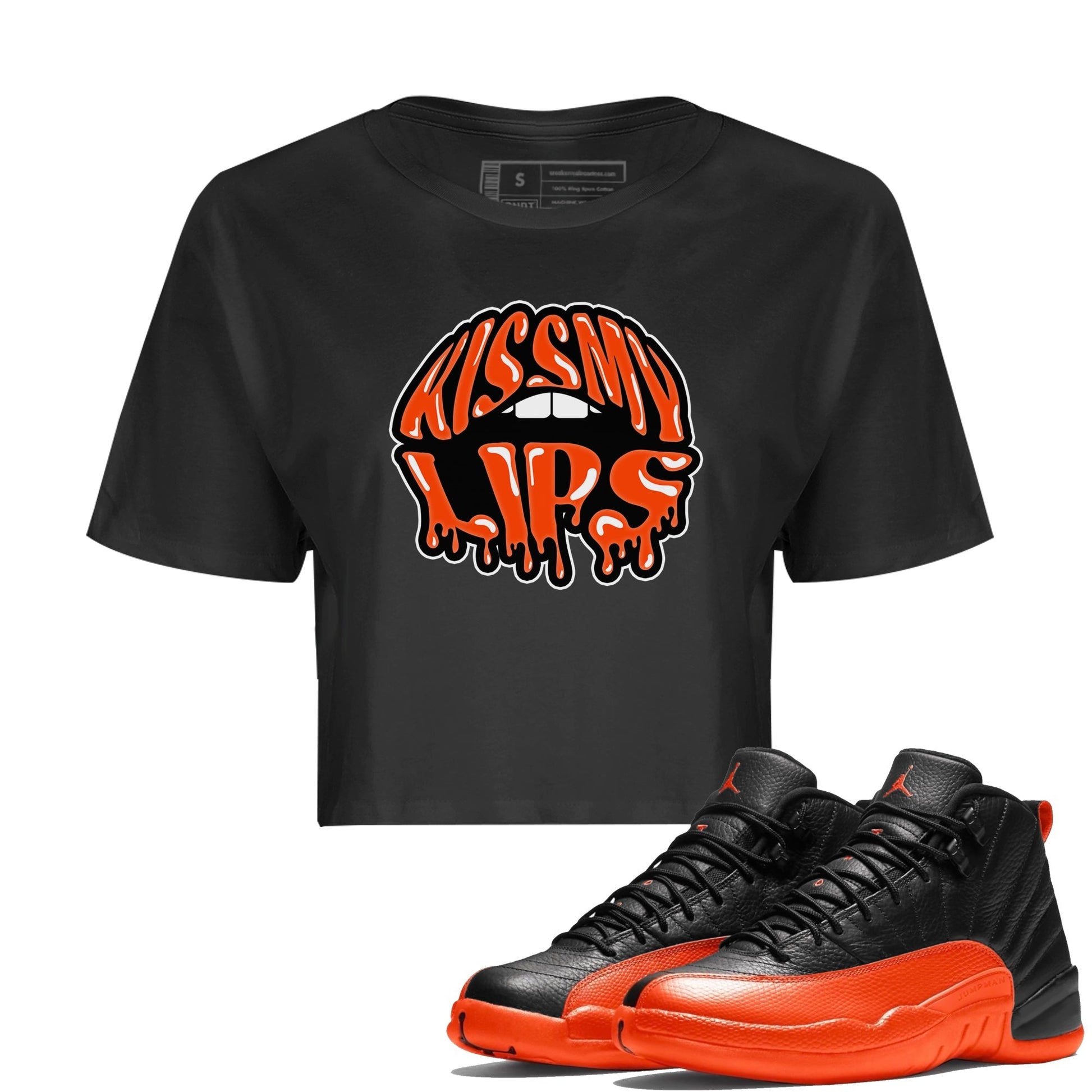 Air Jordan 12 Brilliant Orange Sneaker Match Tees Kiss My Lips Sneaker Tees AJ12 Brilliant Orange Sneaker Release Tees Women's Shirts Black 1