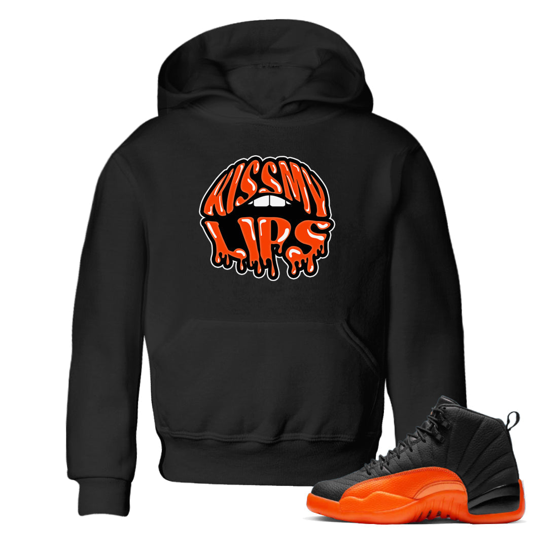 Air Jordan 12 Brilliant Orange Sneaker Match Tees Kiss My Lips Sneaker Tees AJ12 Brilliant Orange Sneaker Release Tees Kids Shirts Black 1
