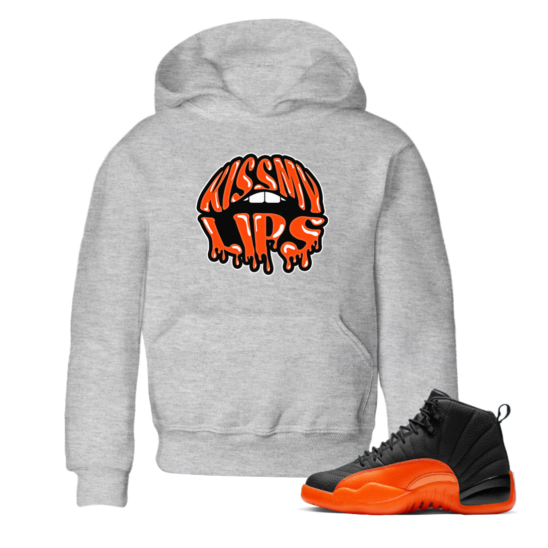 Air Jordan 12 Brilliant Orange Sneaker Match Tees Kiss My Lips Sneaker Tees AJ12 Brilliant Orange Sneaker Release Tees Kids Shirts Heather Grey 1