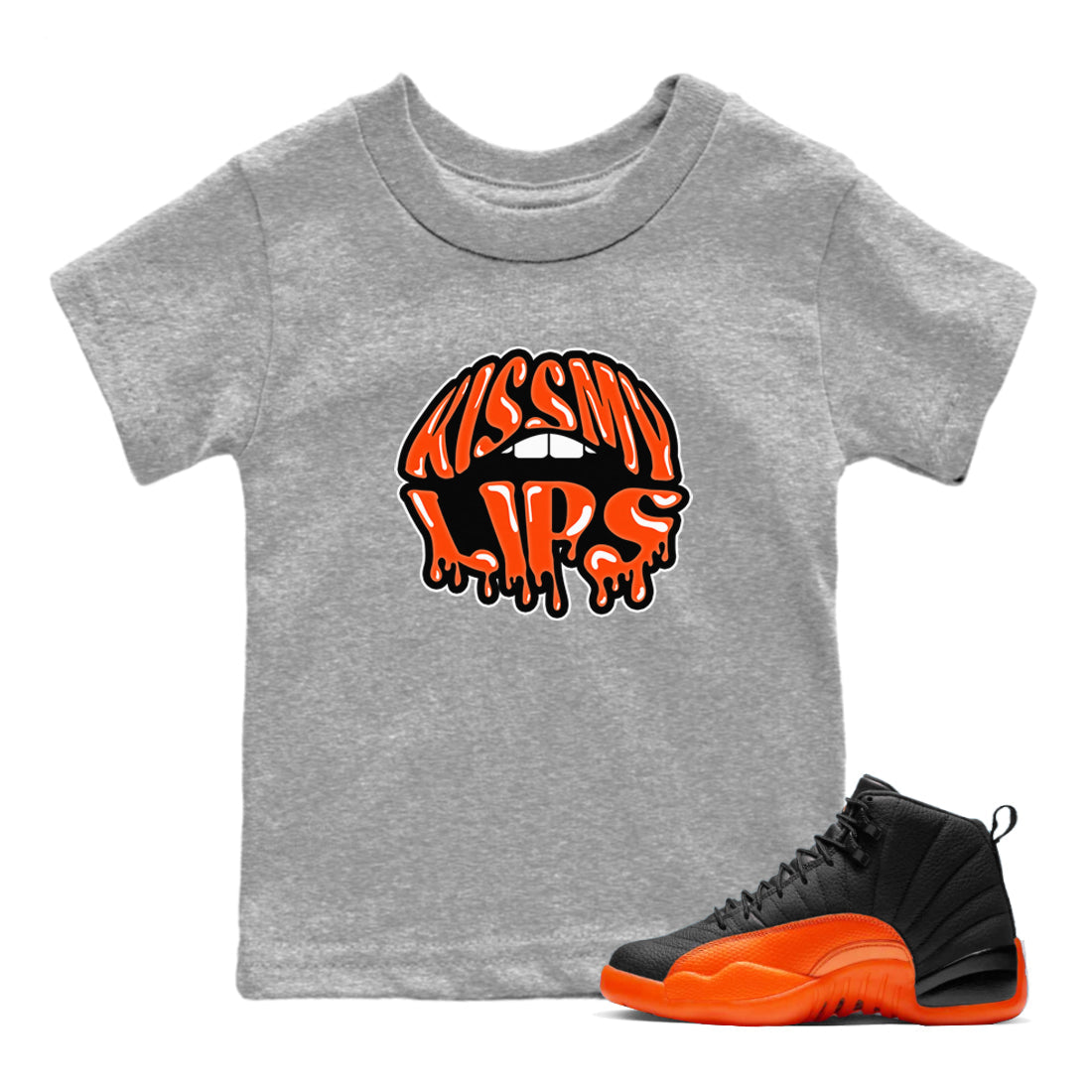 Air Jordan 12 Brilliant Orange Sneaker Match Tees Kiss My Lips Sneaker Tees AJ12 Brilliant Orange Sneaker Release Tees Kids Shirts Heather Grey 1