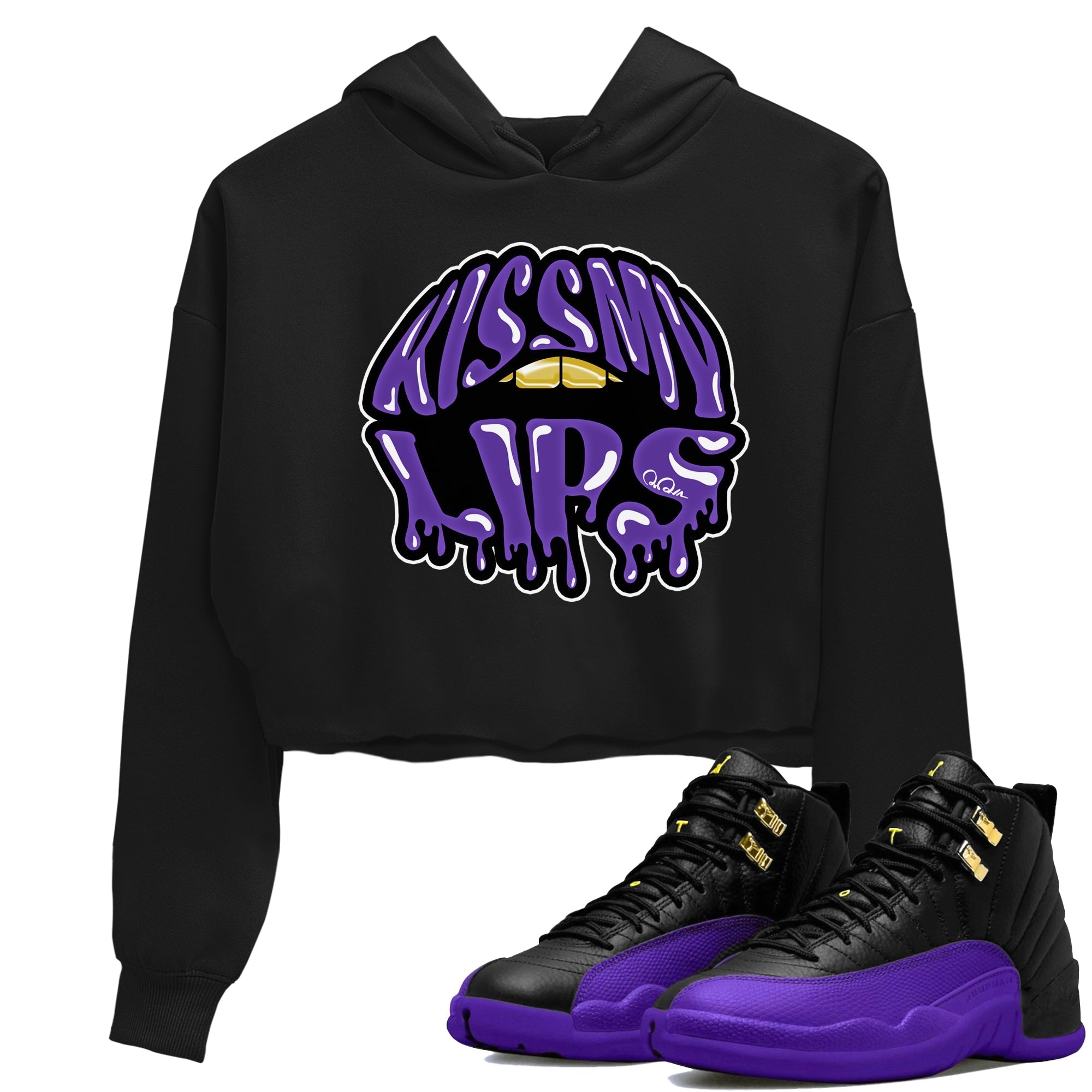 Air Jordan 12 Field Purple Sneaker Match Tees Kiss My Lips Sneaker Tees AJ12 Field Purple Sneaker Release Tees Women's Shirts Black 1
