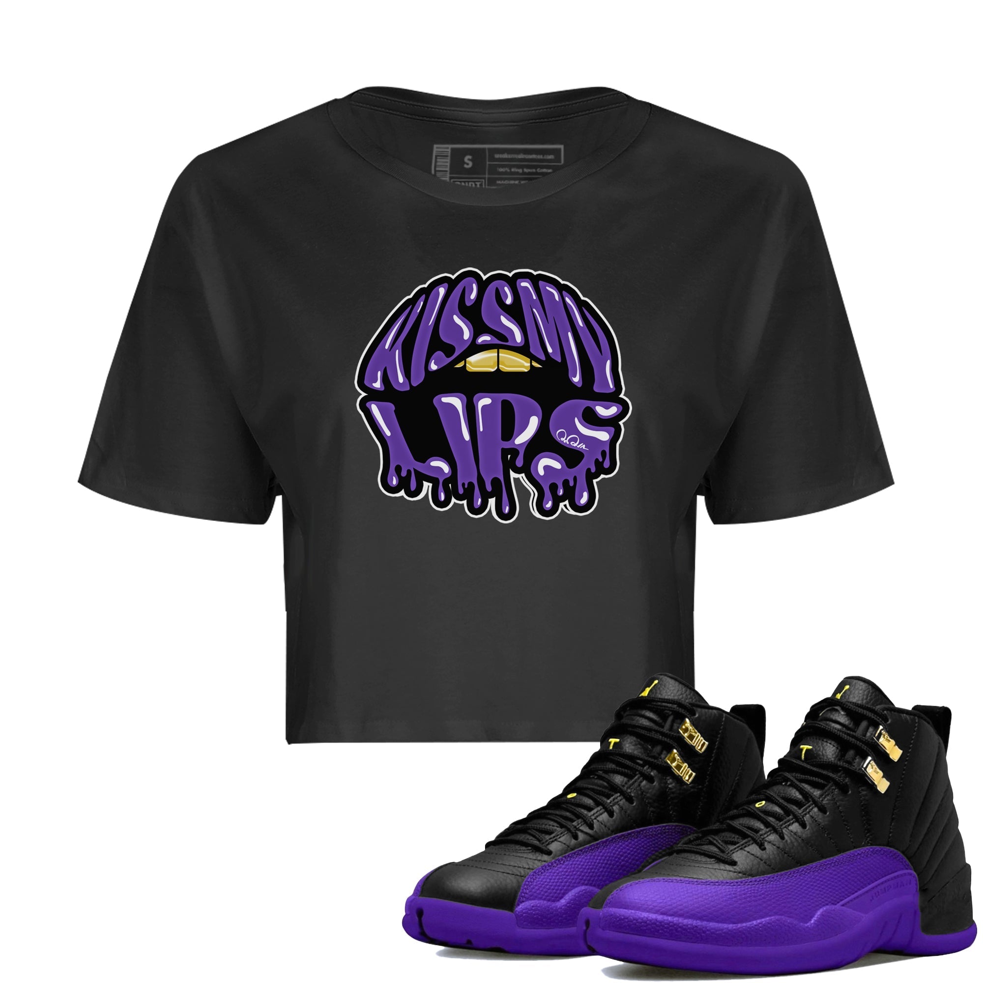 Air Jordan 12 Field Purple Sneaker Match Tees Kiss My Lips Sneaker Tees AJ12 Field Purple Sneaker Release Tees Women's Shirts Black 1
