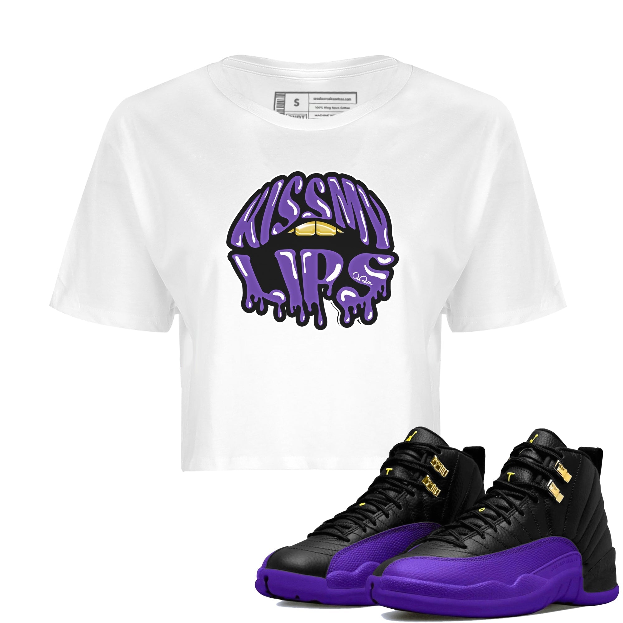 Air Jordan 12 Field Purple Sneaker Match Tees Kiss My Lips Sneaker Tees AJ12 Field Purple Sneaker Release Tees Women's Shirts White 1
