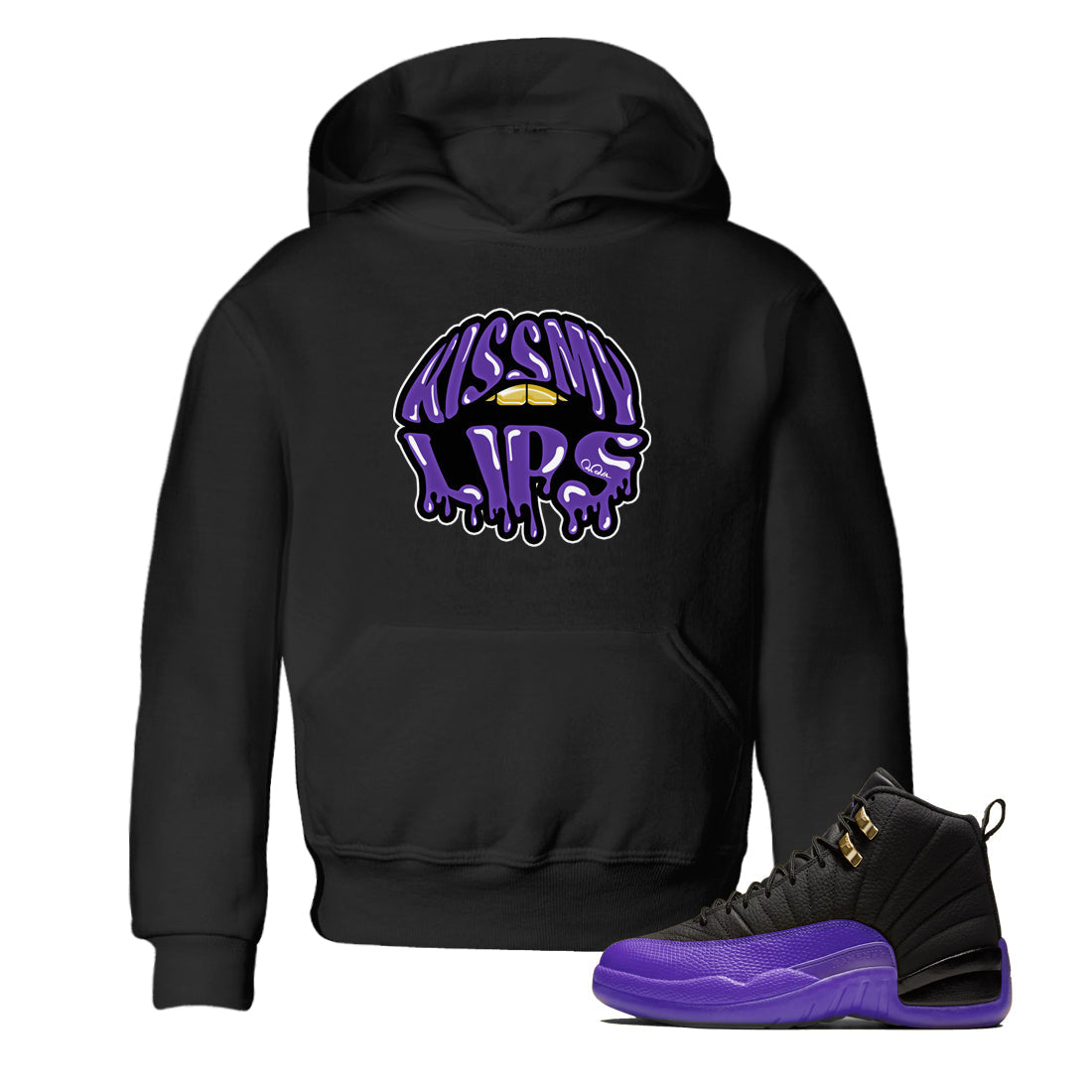 Air Jordan 12 Field Purple Sneaker Match Tees Kiss My Lips Sneaker Tees AJ12 Field Purple Sneaker Release Tees Kids Shirts Black 1