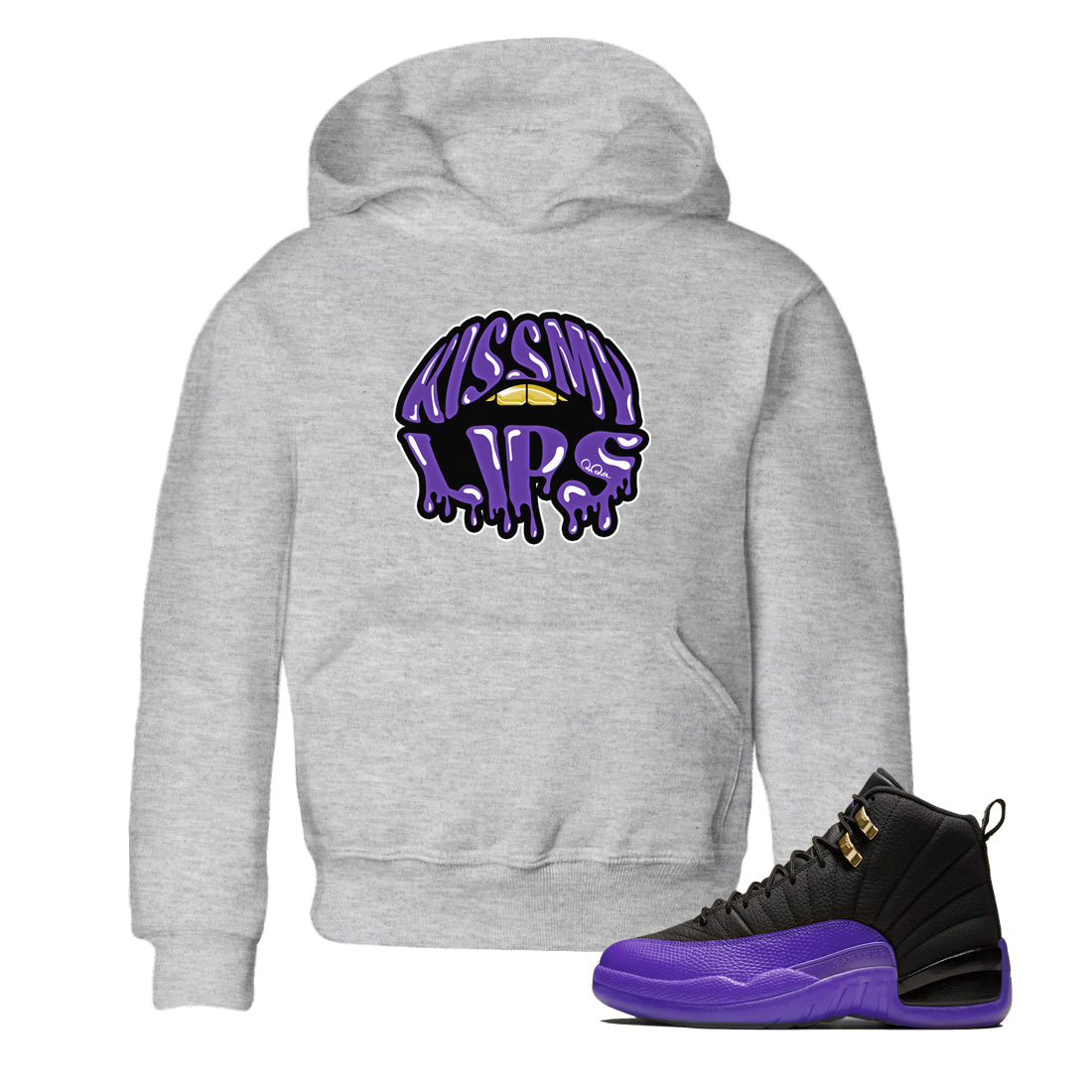 Air Jordan 12 Field Purple Sneaker Match Tees Kiss My Lips Sneaker Tees AJ12 Field Purple Sneaker Release Tees Kids Shirts Heather Grey 1