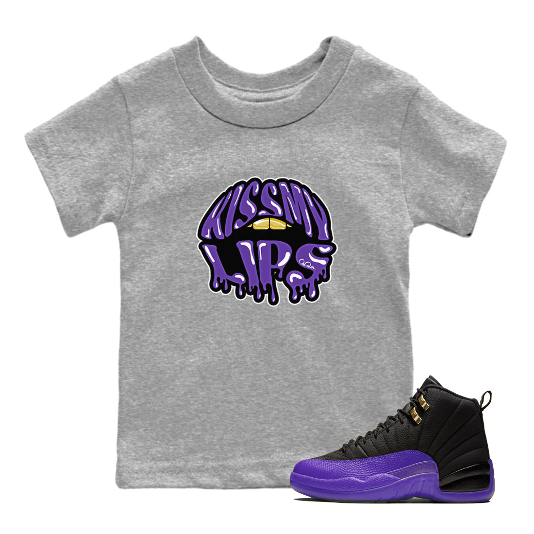 Air Jordan 12 Field Purple Sneaker Match Tees Kiss My Lips Sneaker Tees AJ12 Field Purple Sneaker Release Tees Kids Shirts Heather Grey 1