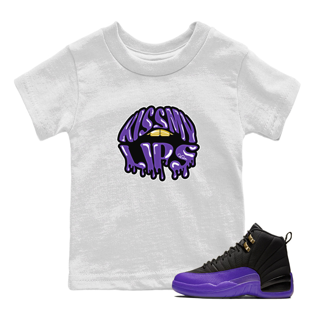 Air Jordan 12 Field Purple Sneaker Match Tees Kiss My Lips Sneaker Tees AJ12 Field Purple Sneaker Release Tees Kids Shirts White 1