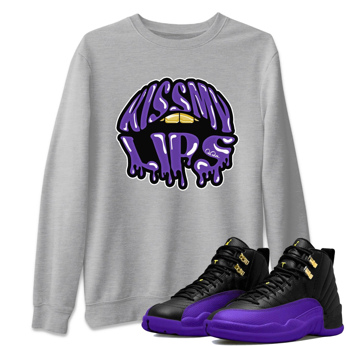 Air Jordan 12 Field Purple Sneaker Match Tees Kiss My Lips Sneaker Tees AJ12 Field Purple Sneaker Release Tees Unisex Shirts Heather Grey 1