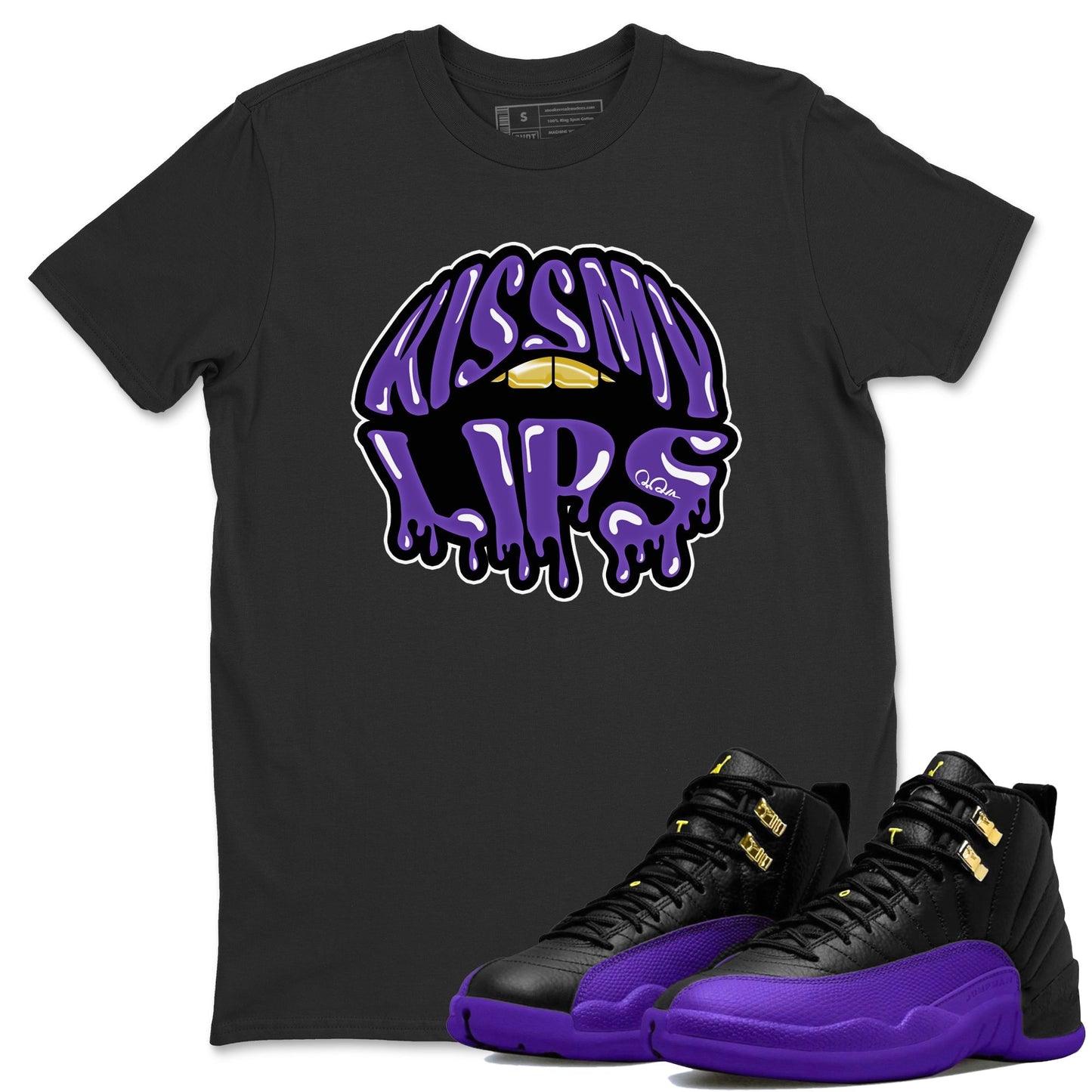 Air Jordan 12 Field Purple Sneaker Match Tees Kiss My Lips Sneaker Tees AJ12 Field Purple Sneaker Release Tees Unisex Shirts Black 1