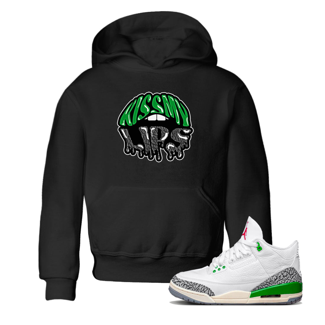 Air Jordan 3 Lucky Green Sneaker Match Tees Kiss My Lips Sneaker Tees AJ3 Lucky Green Sneaker Release Tees Kids Shirts Black 1