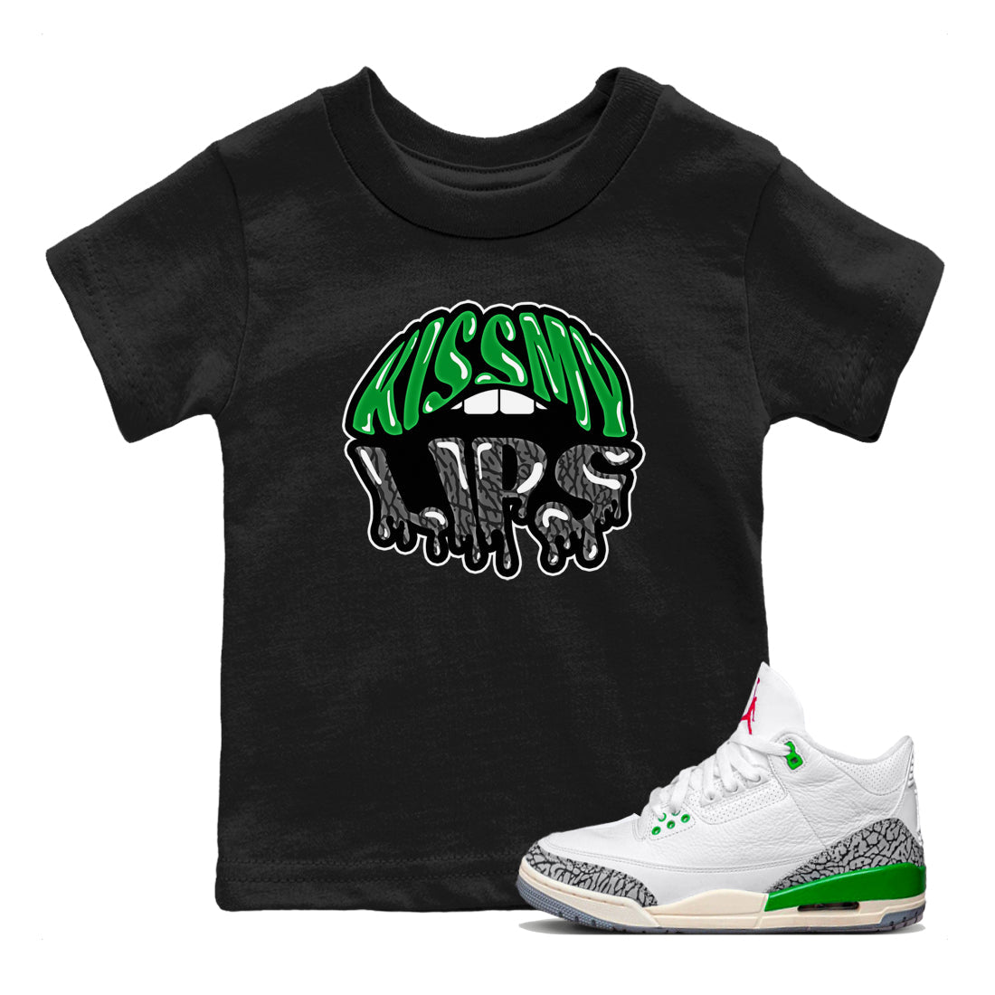 Air Jordan 3 Lucky Green Sneaker Match Tees Kiss My Lips Sneaker Tees AJ3 Lucky Green Sneaker Release Tees Kids Shirts Black 1