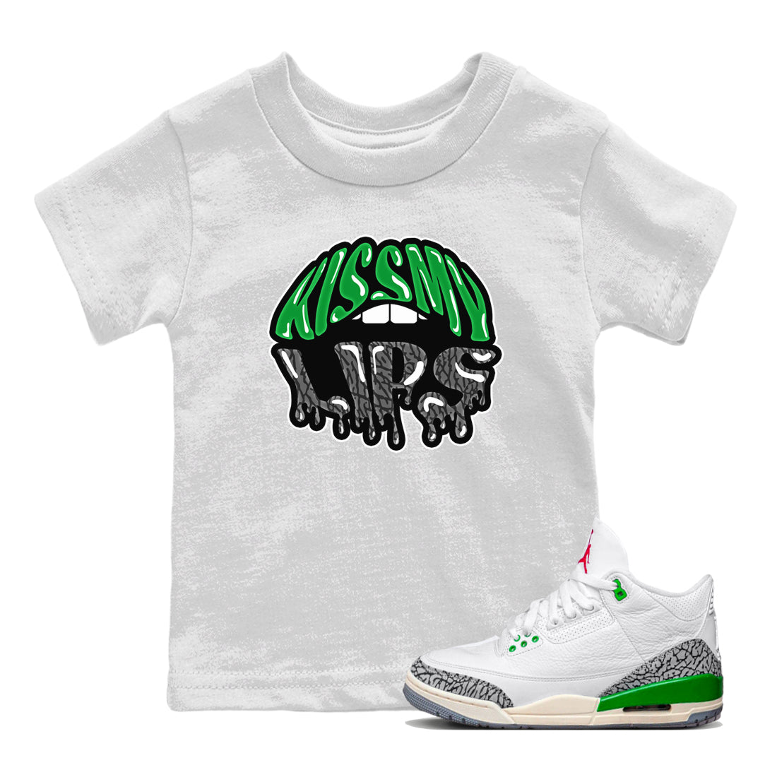 Air Jordan 3 Lucky Green Sneaker Match Tees Kiss My Lips Sneaker Tees AJ3 Lucky Green Sneaker Release Tees Kids Shirts White 1