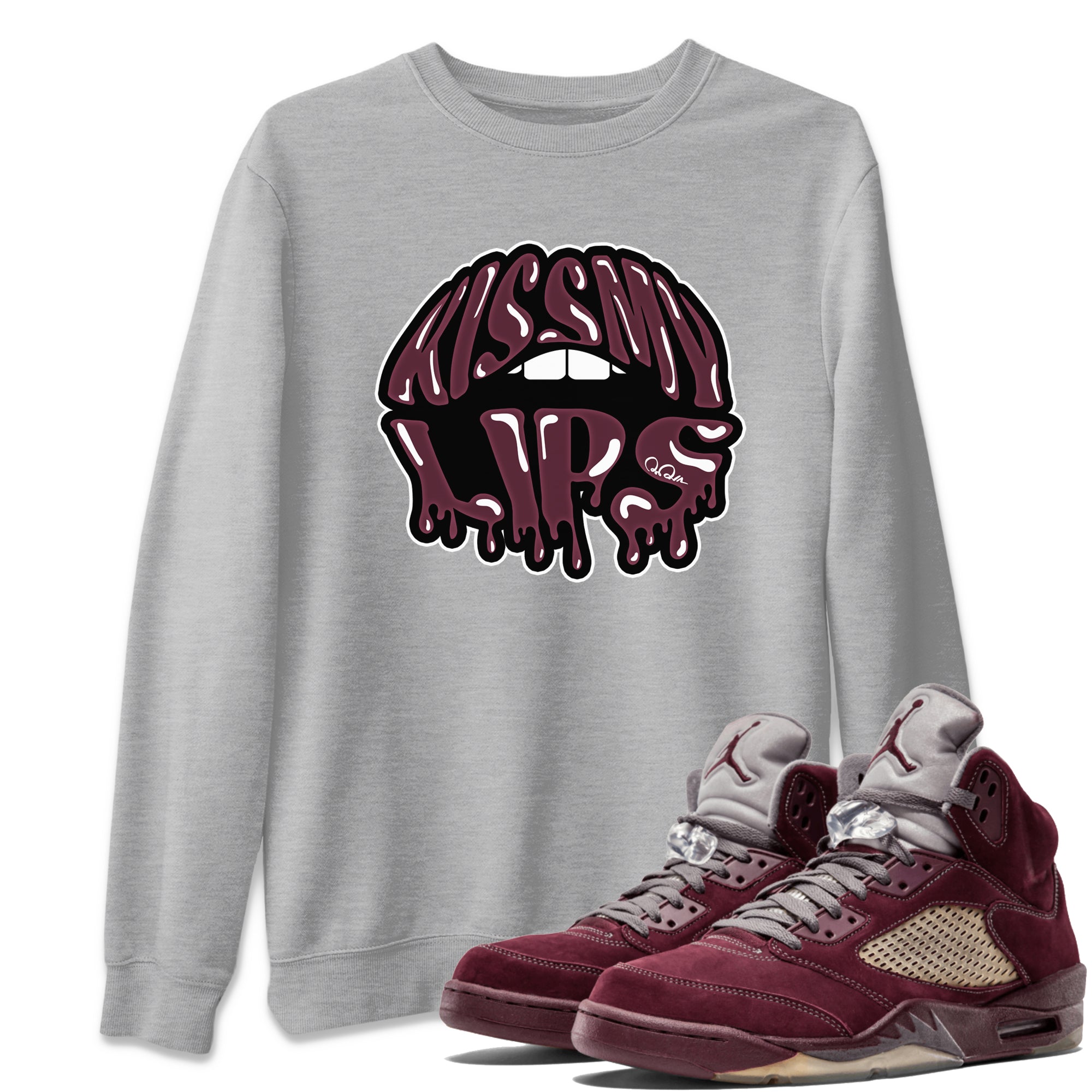 Air Jordan 5 Burgundy Sneaker Match Tees Kiss My Lips Sneaker Tees AJ5 Burgundy Sneaker Release Tees Unisex Shirts Heather Grey 1