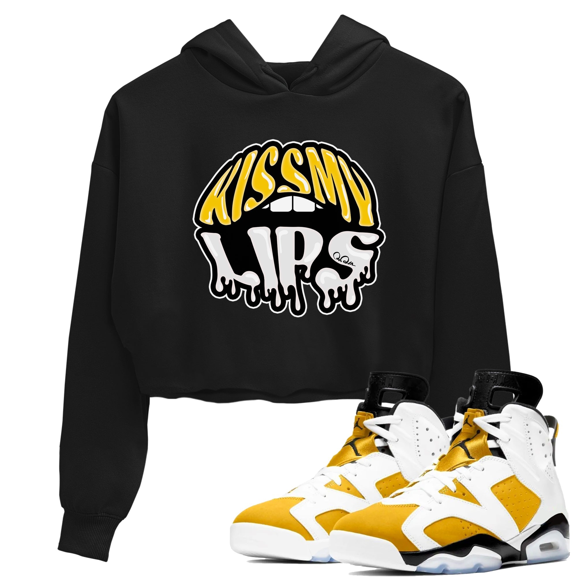 Air Jordan 6 Yellow Ochre shirt to match jordans Kiss My Lips sneaker tees streetwear brand AJ6 Yellow Ochre Drip Gear Zone Brand Black 1 Crop T-Shirt