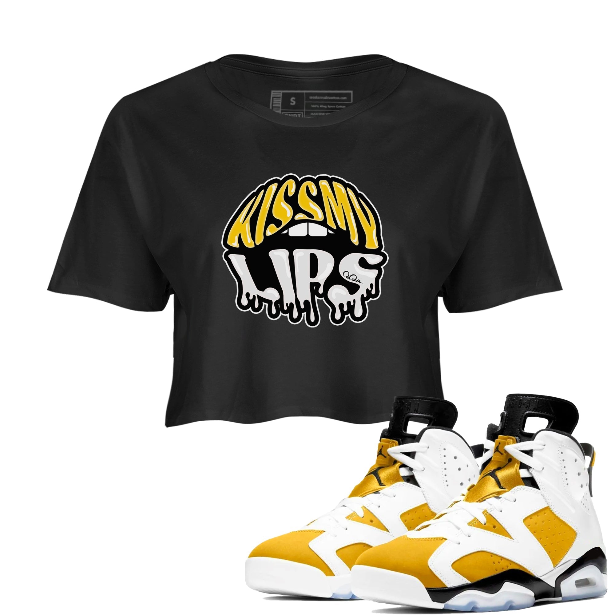 Air Jordan 6 Yellow Ochre shirt to match jordans Kiss My Lips sneaker tees streetwear brand AJ6 Yellow Ochre Drip Gear Zone Brand Black 1 Crop T-Shirt