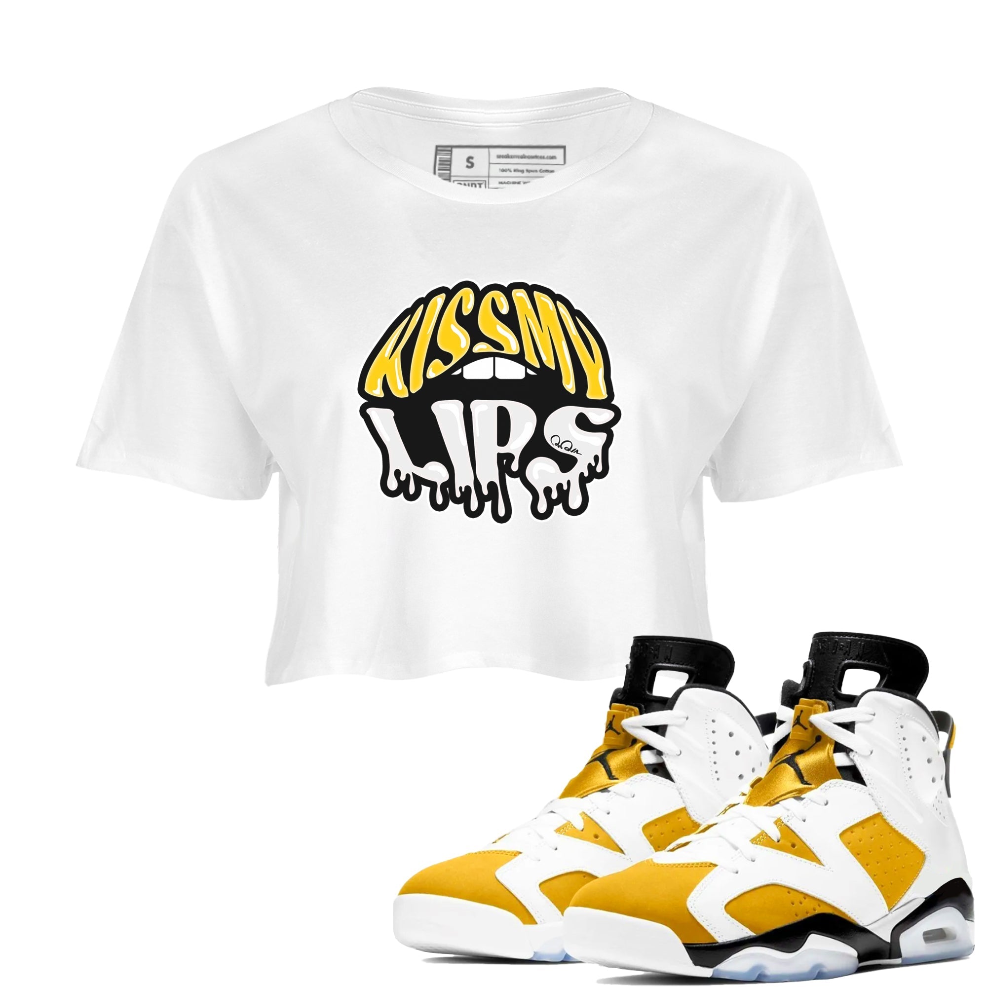 Air Jordan 6 Yellow Ochre shirt to match jordans Kiss My Lips sneaker tees streetwear brand AJ6 Yellow Ochre Drip Gear Zone Brand White 1 Crop T-Shirt