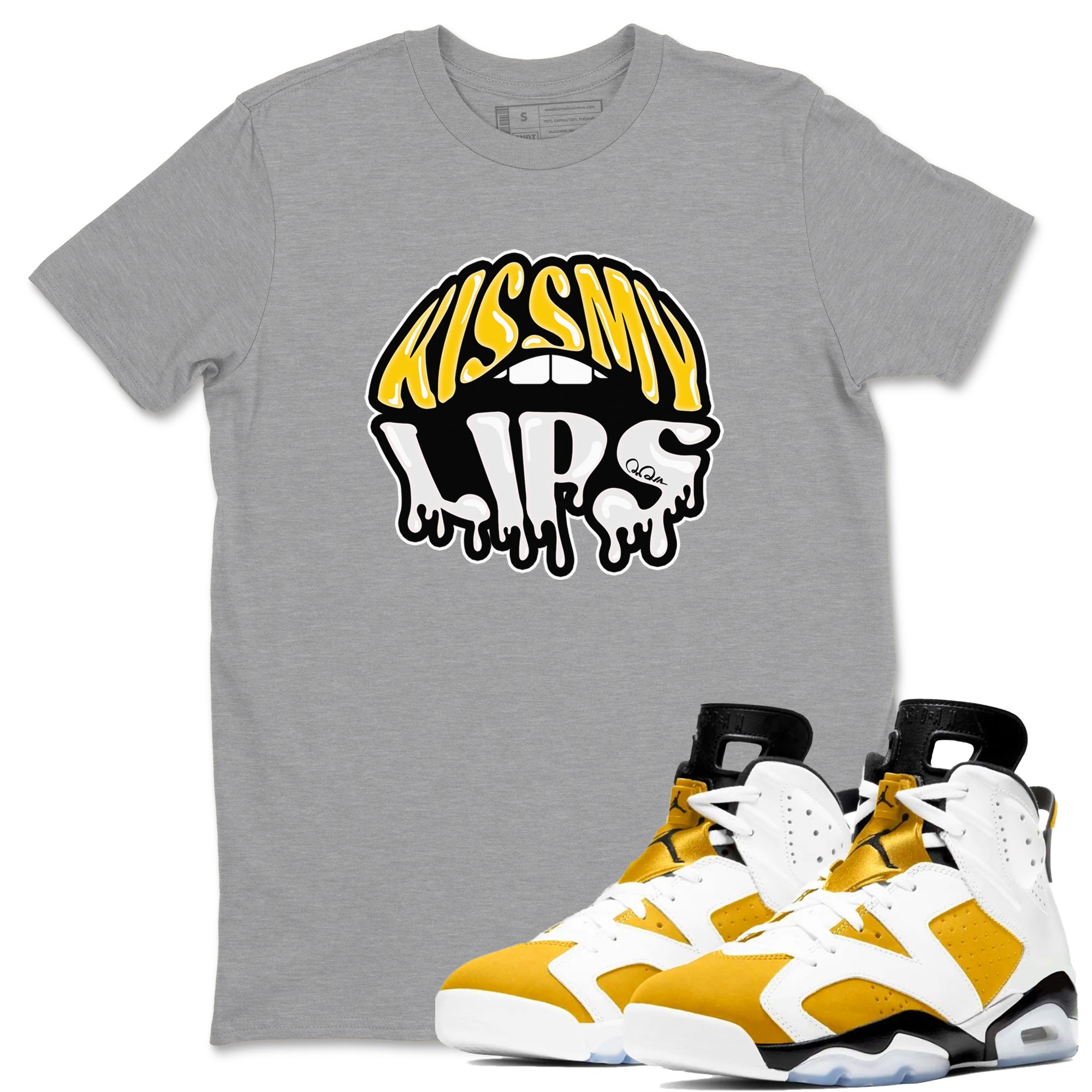 Air Jordan 6 Yellow Ochre shirt to match jordans Kiss My Lips sneaker tees streetwear brand AJ6 Yellow Ochre Drip Gear Zone Brand Unisex Heather Grey 1 T-Shirt