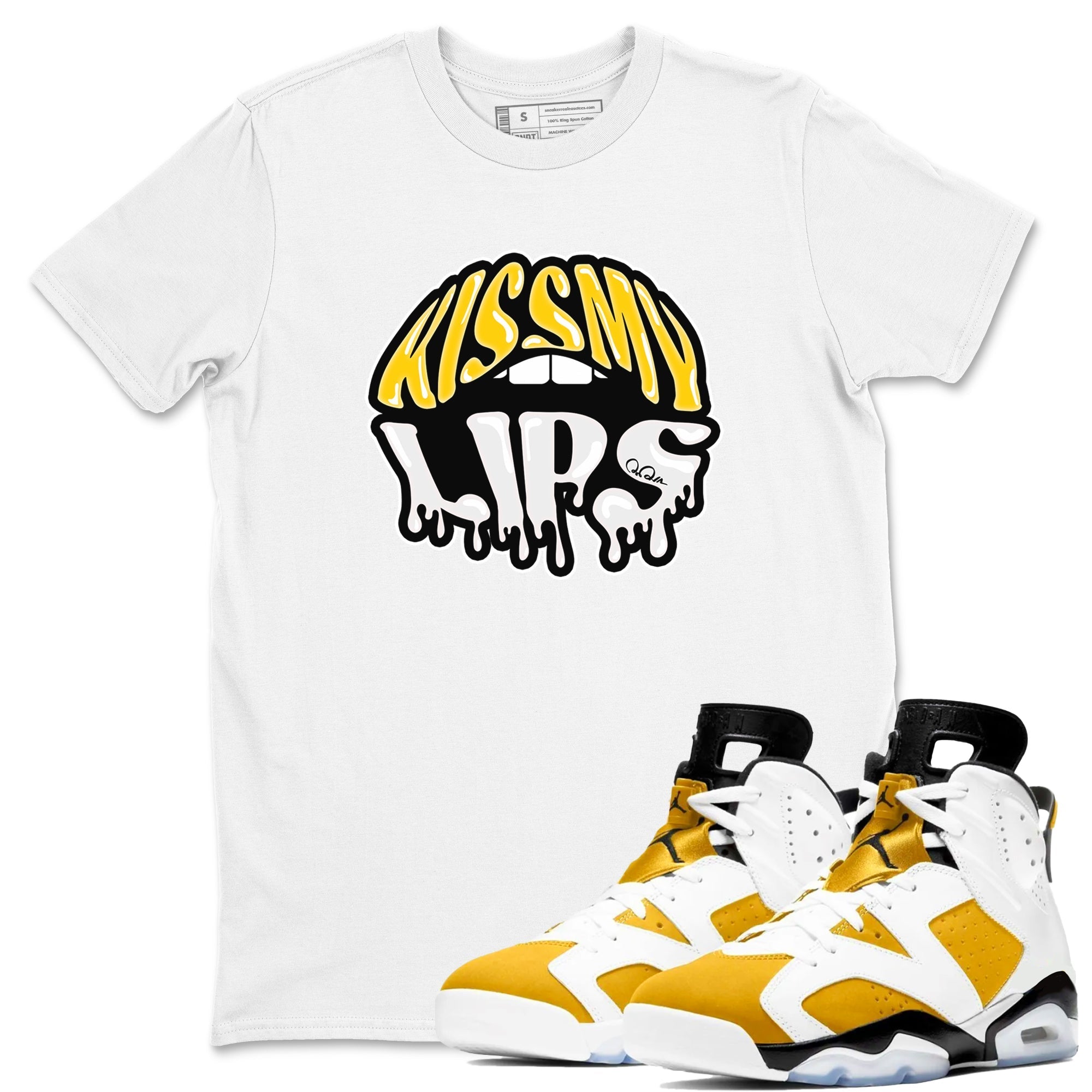Air Jordan 6 Yellow Ochre shirt to match jordans Kiss My Lips sneaker tees streetwear brand AJ6 Yellow Ochre Drip Gear Zone Brand Unisex White 1 T-Shirt